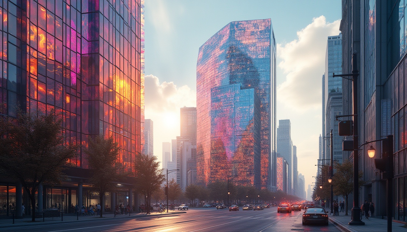 Prompt: Vibrant colored glass facades, iridescent reflections, angular building geometry, sleek modern architecture, urban cityscape, bustling streets, pedestrian traffic, morning sunlight, soft warm glow, shallow depth of field, 3/4 composition, panoramic view, realistic textures, ambient occlusion.