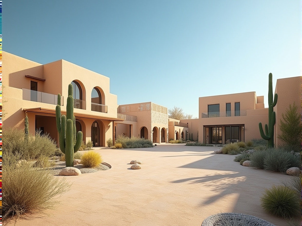 Prompt: Desert oasis, arid landscape, cactus plants, hot sunny day, clear blue sky, vast open space, modern desert architecture, natural stone walls, curved lines, windcatchers, Mashrabiya windows, shaded outdoor spaces, misting systems, evaporative cooling systems, solar chimneys, clerestory windows, green roofs, cross ventilation, large overhangs, lattice shading devices, Arabic-inspired patterns, vibrant colorful textiles, intricate geometric motifs.