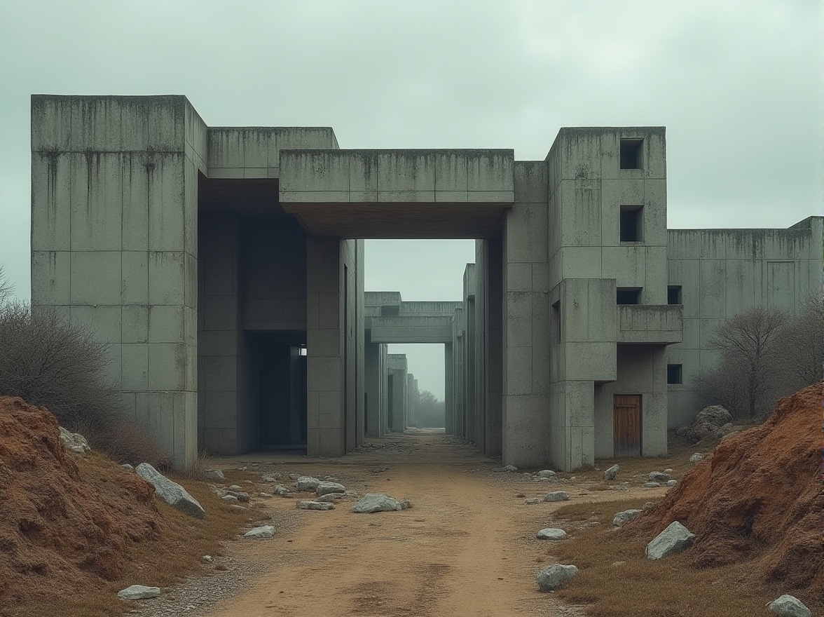 Prompt: Exposed concrete structures, industrial materials, brutalist forms, earthy tones, muted color palette, raw textures, rugged surfaces, bold geometric shapes, fortress-like buildings, urban landscapes, cloudy skies, dramatic lighting, high contrast ratios, 1/2 composition, cinematic mood, gritty realistic rendering.