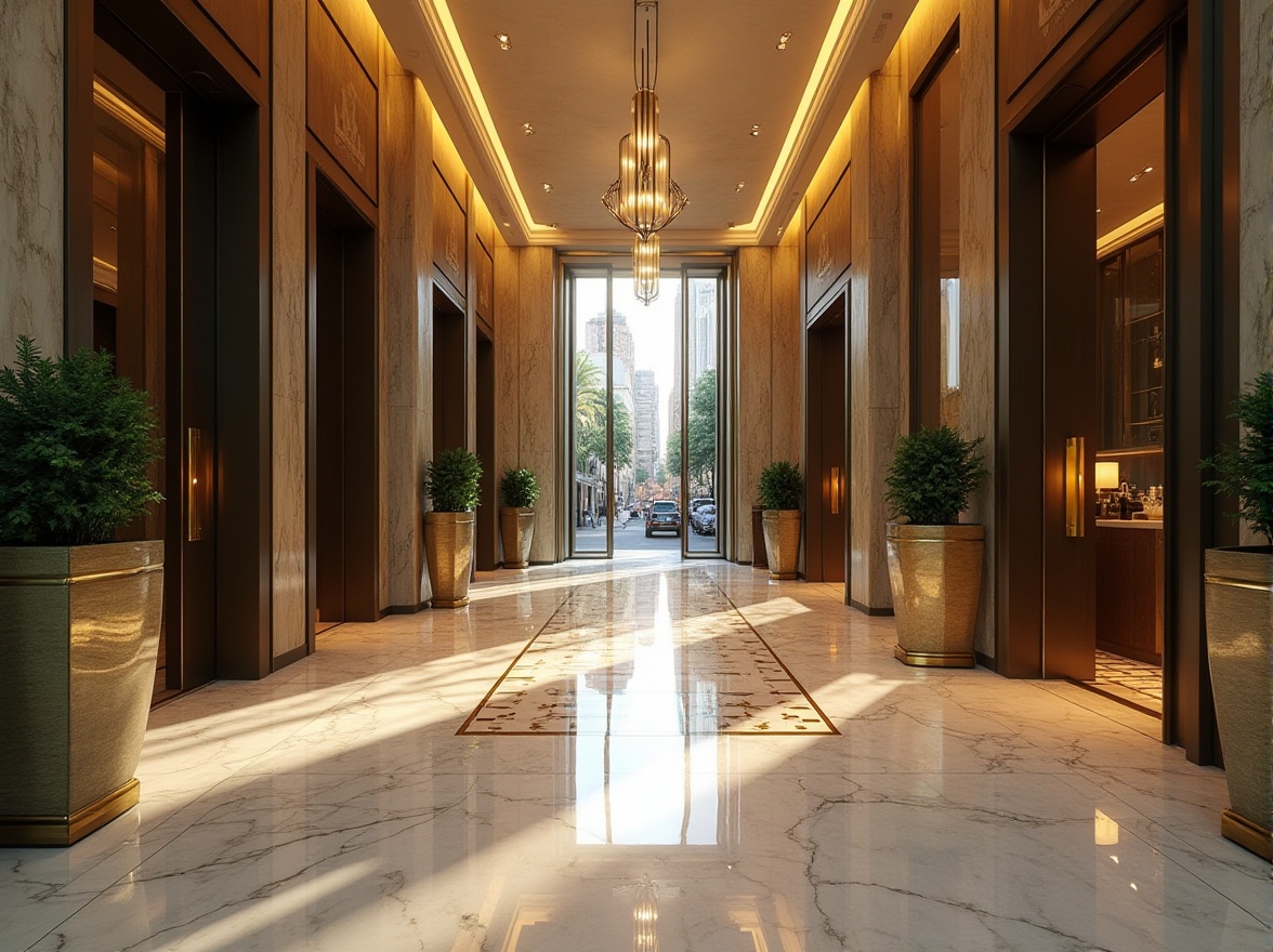 Prompt: Grand entrance, luxurious materials, marble floors, bronze doors, elegant columns, ornate details, symmetrical composition, dramatic lighting, warm ambiance, inviting atmosphere, spacious lobby, high ceilings, modern minimalist style, sleek lines, neutral color palette, reflective glass surfaces, metallic accents, sophisticated furnishings, lush green walls, natural stone cladding, urban cityscape, bustling streets, daytime scene, soft focus effect, shallow depth of field, 2/3 composition, cinematic view.