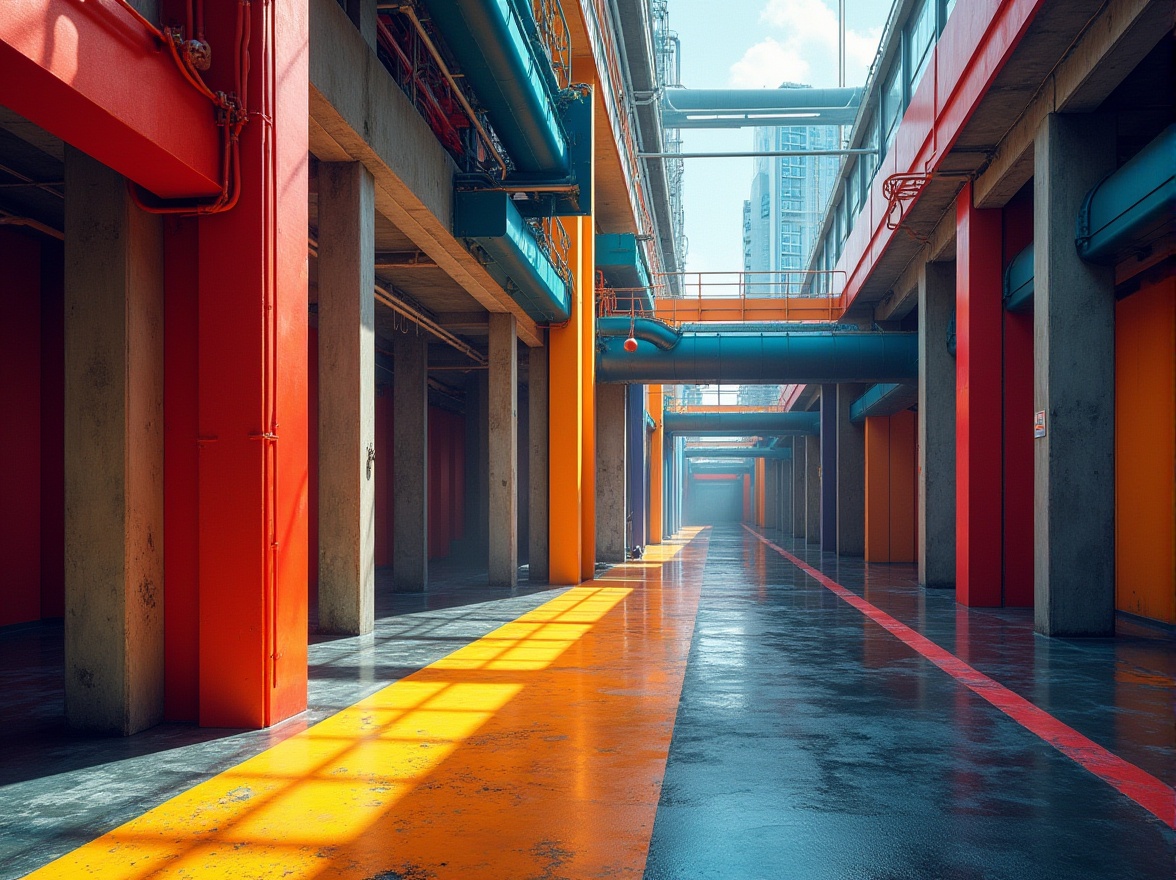 Prompt: Vibrant industrial landscape, abstract geometric forms, bold primary colors, contrasting textures, exposed ductwork, steel beams, concrete columns, urban cityscape, modernist architecture, asymmetrical compositions, dynamic diagonal lines, fragmented shapes, overlapping planes, stark lighting contrasts, high-contrast shadows, 1/1 composition, cinematic view, stylized reflections, dramatic atmospheric effects.