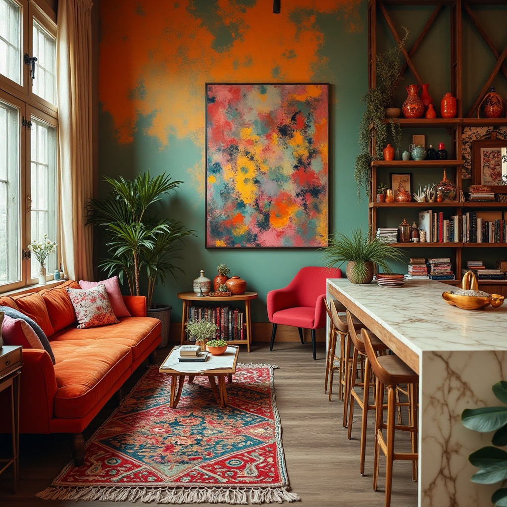 Prompt: Vibrant artistic studio, eclectic furniture, bold brushstroke walls, rich velvet fabrics, golden metal accents, warm natural light, cozy reading nook, abstract expressionist artwork, colorful ceramic vases, lush greenery, reclaimed wood shelves, bohemian-inspired textiles, creamy marble countertops, softbox lighting, shallow depth of field, 1/1 composition, intimate atmosphere.