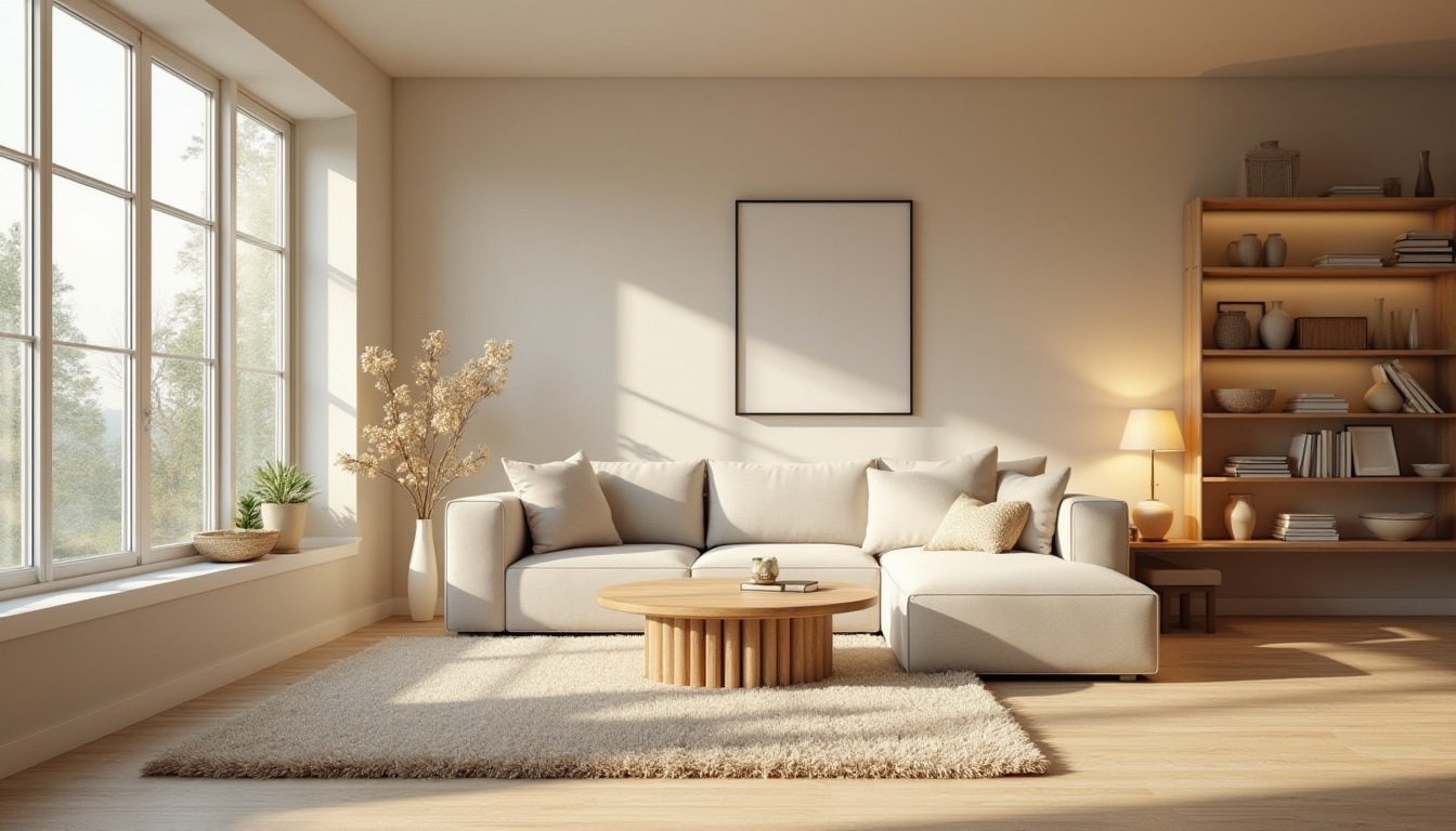 Prompt: Cozy living room, soft beige walls, plush area rug, comfortable sectional sofa, wooden coffee table, floor lamps, natural fiber upholstery, calming color palette, large windows, abundant daylight, minimal ornamentation, functional shelving units, decorative vases, modern minimalist decor, warm ambient lighting, shallow depth of field, 2/3 composition, realistic textures, soft focus effect.