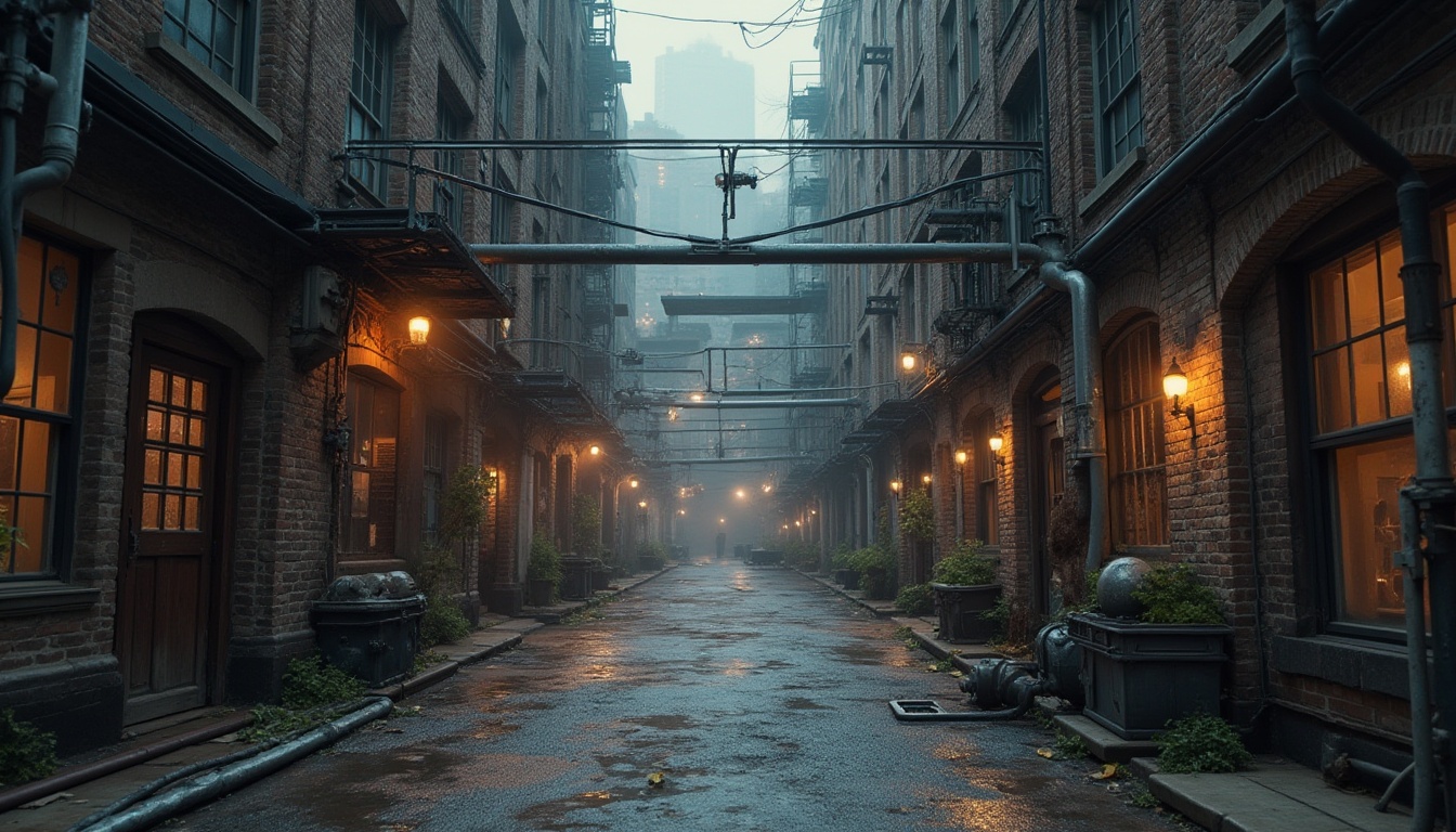 Prompt: Rusted metal pipes, worn concrete walls, exposed brick facades, distressed wood accents, metallic scaffolding, industrial machinery parts, neon-lit signage, grimy windows, urban cityscape backdrop, foggy atmospheric lighting, shallow depth of field, 2/3 composition, realistic reflections, ambient occlusion.