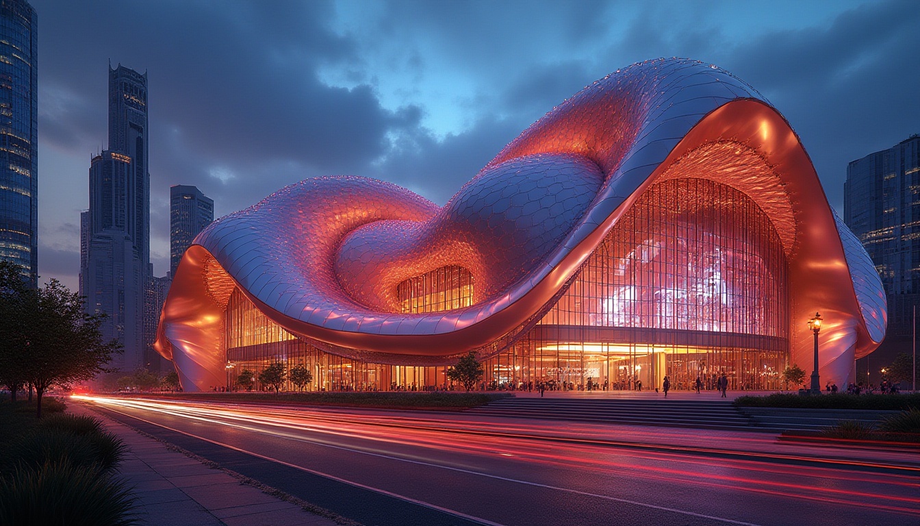 Prompt: Vibrant concert hall, sweeping curves, gleaming glass fa\u00e7ade, metallic accents, dynamic LED lighting, urban cityscape, bustling streets, evening atmosphere, soft golden hour, shallow depth of field, 1/2 composition, wide-angle lens, realistic reflections, ambient occlusion, ornate details, intricate patterns, grand entrance, red carpet, luxurious interior, plush seating, state-of-the-art acoustics.