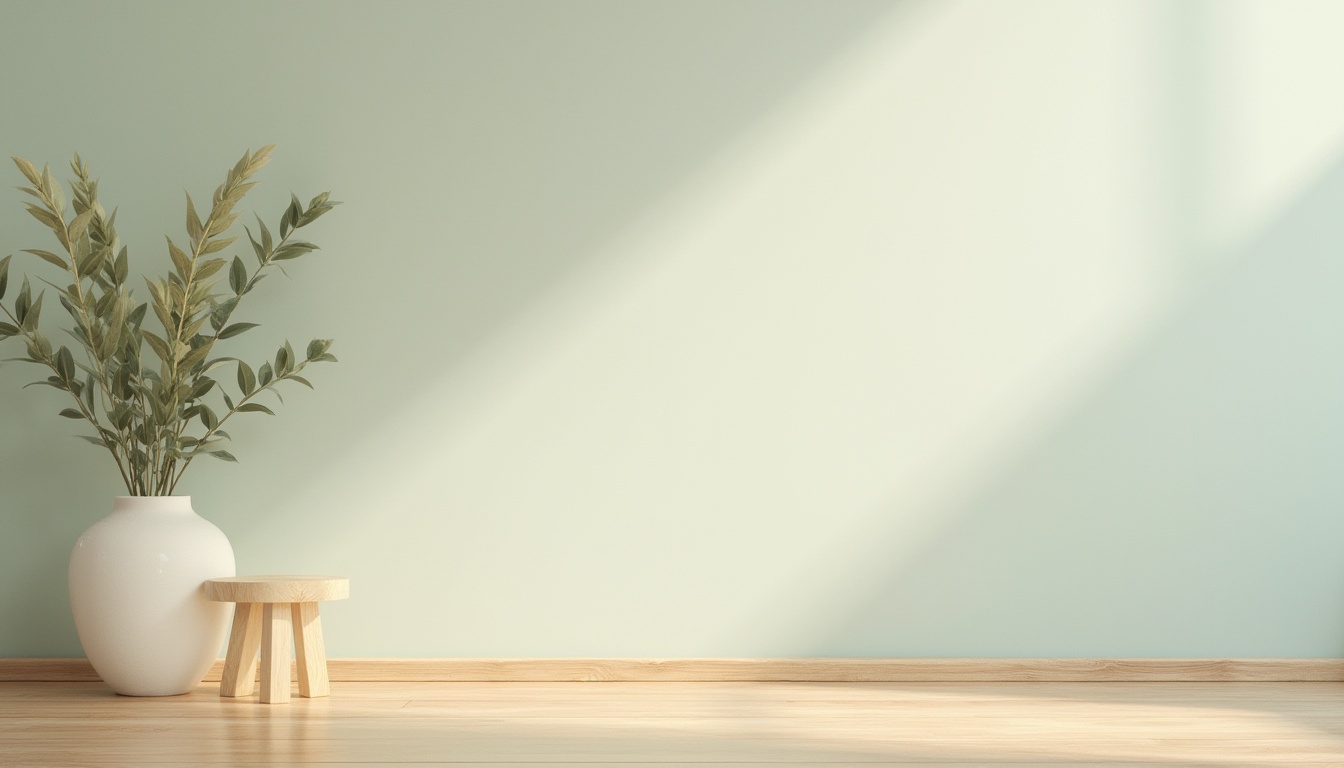 Prompt: Soft warm beige, calming pale blue, muted sage green, creamy white, rich walnut wood, natural linen texture, subtle gradient effects, gentle ombre transitions, elegant typography, modern minimalist design, abundant negative space, serene atmosphere, warm soft lighting, 1/2 composition, realistic shadowing, ambient occlusion.