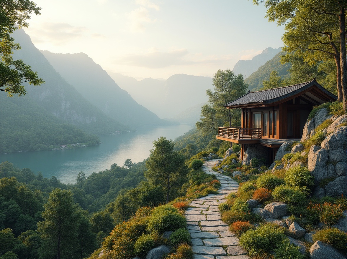 Prompt: Seamless landscape integration, blending architecture with nature, rolling hills, lush green forests, serene lakeside, misty mountains, weathered stone walls, reclaimed wood accents, organic shapes, curvaceous lines, earthy tones, natural textures, native plant species, meandering pathways, scenic overlooks, dramatic skylines, soft warm lighting, atmospheric perspective, 1/1 composition, symmetrical framing, realistic rendering, ambient occlusion.