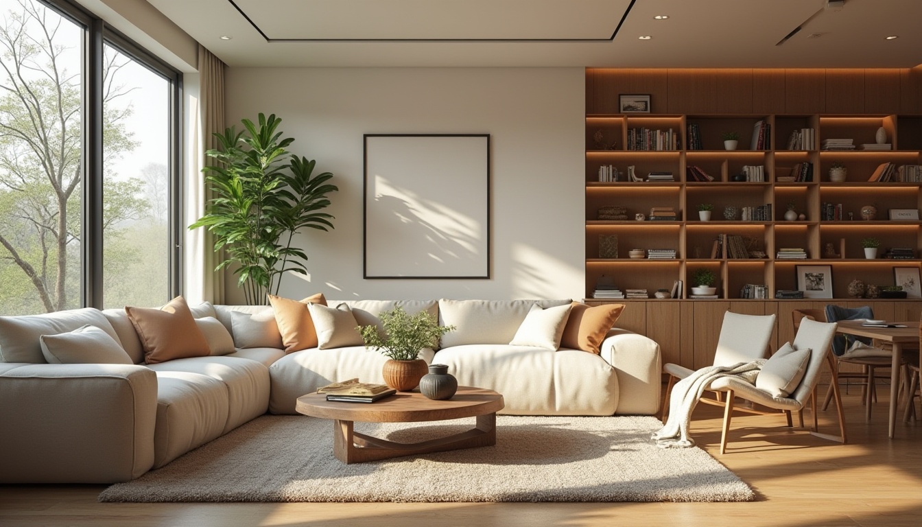 Prompt: Cozy living room, minimalist furniture, plush sofas, soft cushions, warm lighting, wooden floors, modern coffee table, decorative vases, green plants, floor-to-ceiling windows, natural light, airy atmosphere, functional layout, efficient storage solutions, built-in shelves, hidden cabinets, comfortable reading nook, relaxing ambiance, soothing color palette, 1/1 composition, shallow depth of field, soft focus.