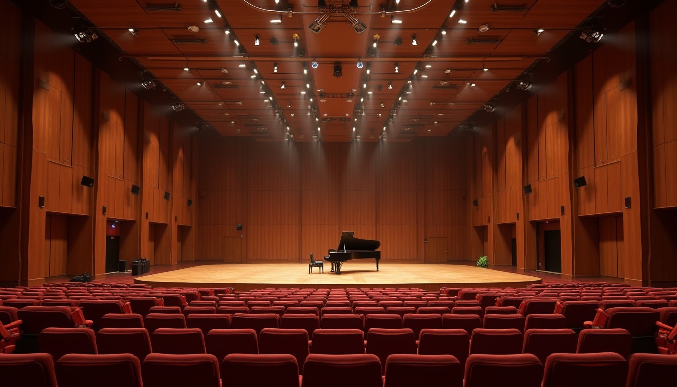 Prompt: Elegant performance hall, curved wooden panels, sound-absorbing materials, plush velvet seats, polished brass fixtures, grand piano, spotlighting systems, dramatic ceiling heights, acoustic diffusers, sound-reflecting surfaces, reverberation control, optimized room dimensions, professional audio equipment, dynamic lighting designs, warm intimate ambiance, low noise floorings, high-fidelity speakers, adjustable acoustics settings, tiered seating arrangements, sophisticated interior design.