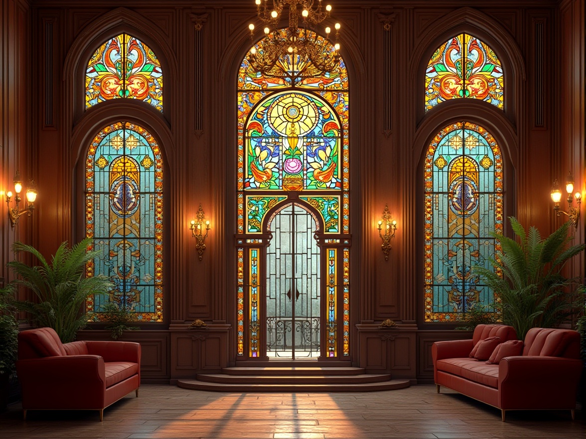 Prompt: Vibrant stained glass windows, ornate geometric patterns, bright jewel-toned colors, intricate floral motifs, luxurious Art Deco style, opulent architecture, grandiose entranceways, lavish interior designs, exquisite lighting fixtures, elegant chandeliers, sophisticated metallic accents, richly textured fabrics, refined wooden paneling, lavish furnishings, 1920s glamour, soft warm glow, shallow depth of field, central composition, realistic textures, ambient occlusion.