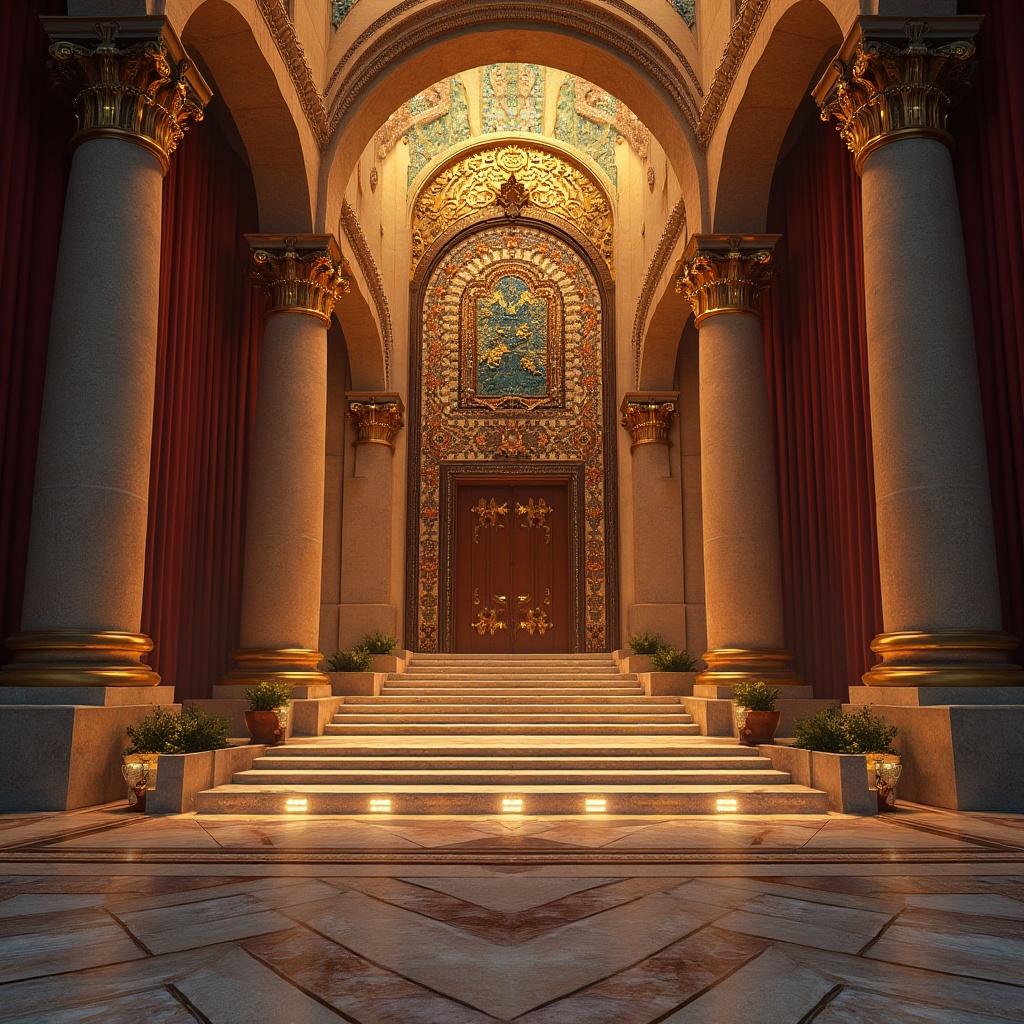 Prompt: Grand amphitheater architecture, sweeping curved lines, majestic entrance gates, ornate metal doors, vibrant colorful tile mosaics, imposing stone columns, dramatic arches, grand staircase, polished marble flooring, luxurious velvet curtains, spotlights highlighting facade details, warm golden lighting, 1/2 composition, symmetrical framing, cinematic wide-angle shot, high-contrast textures, atmospheric fog effects.