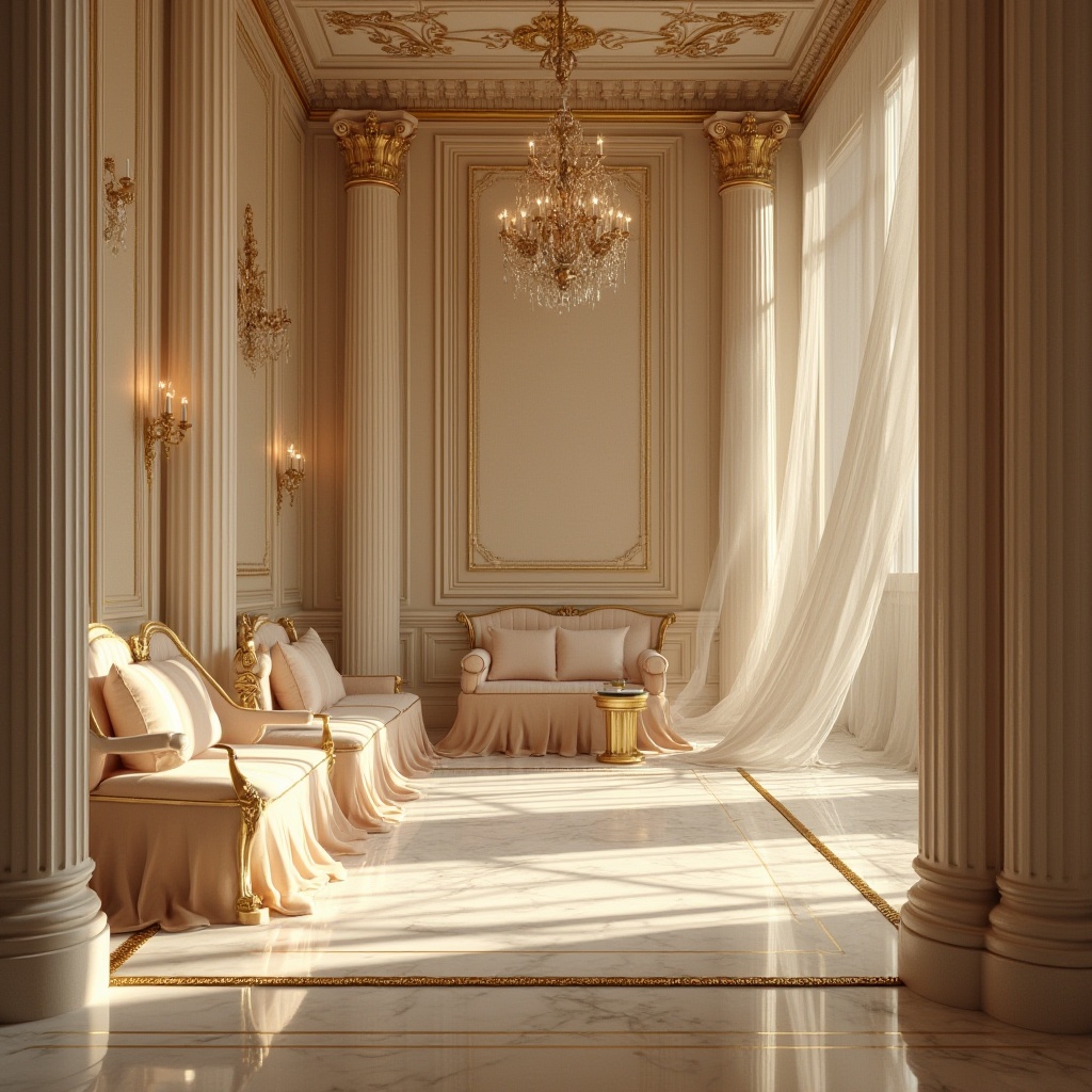 Prompt: Luxurious velvet fabrics, intricately carved wooden panels, polished marble floors, ornate gilded frames, richly textured stone walls, classic Corinthian columns, grandiose chandeliers, lavish crystal drops, soft warm candlelight, shallow depth of field, 1/1 composition, realistic reflections, ambient occlusion, subtle color palette, warm beige tones, soft cream hues, elegant golden accents.