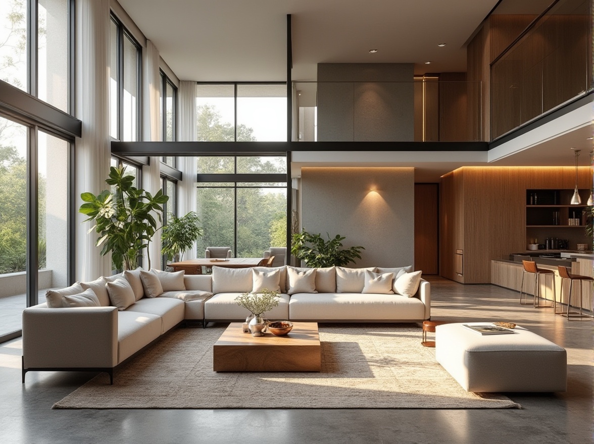 Prompt: Modern minimalist living room, sleek low-profile furniture, spacious open-plan layout, functional zones, comfortable seating areas, floor-to-ceiling windows, natural light, soft warm illumination, rich wood accents, neutral color palette, textured rugs, geometric patterns, metallic decorative accents, greenery, ambient lighting, 1/1 composition, shallow depth of field.