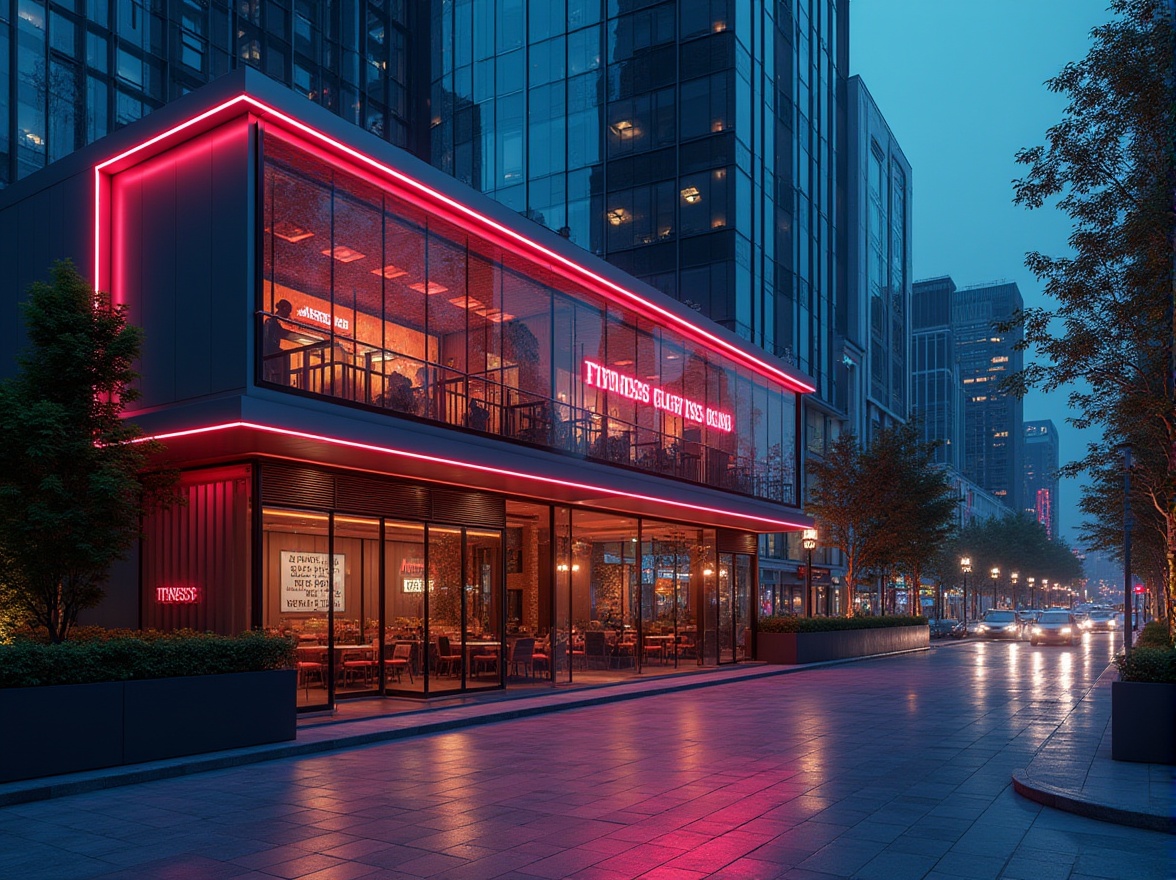 Prompt: Modern fitness club exterior, sleek glass fa\u00e7ade, metallic accents, neon color scheme, dynamic LED lighting, urban cityscape background, bustling streets, evening atmosphere, shallow depth of field, 1/1 composition, realistic reflections, ambient occlusion, bold typography signage, energetic vibe, motivational quotes, outdoor seating area, greenery walls, industrial-chic materials, concrete flooring, steel beams, geometric shapes, futuristic architecture, athletic-inspired design elements.