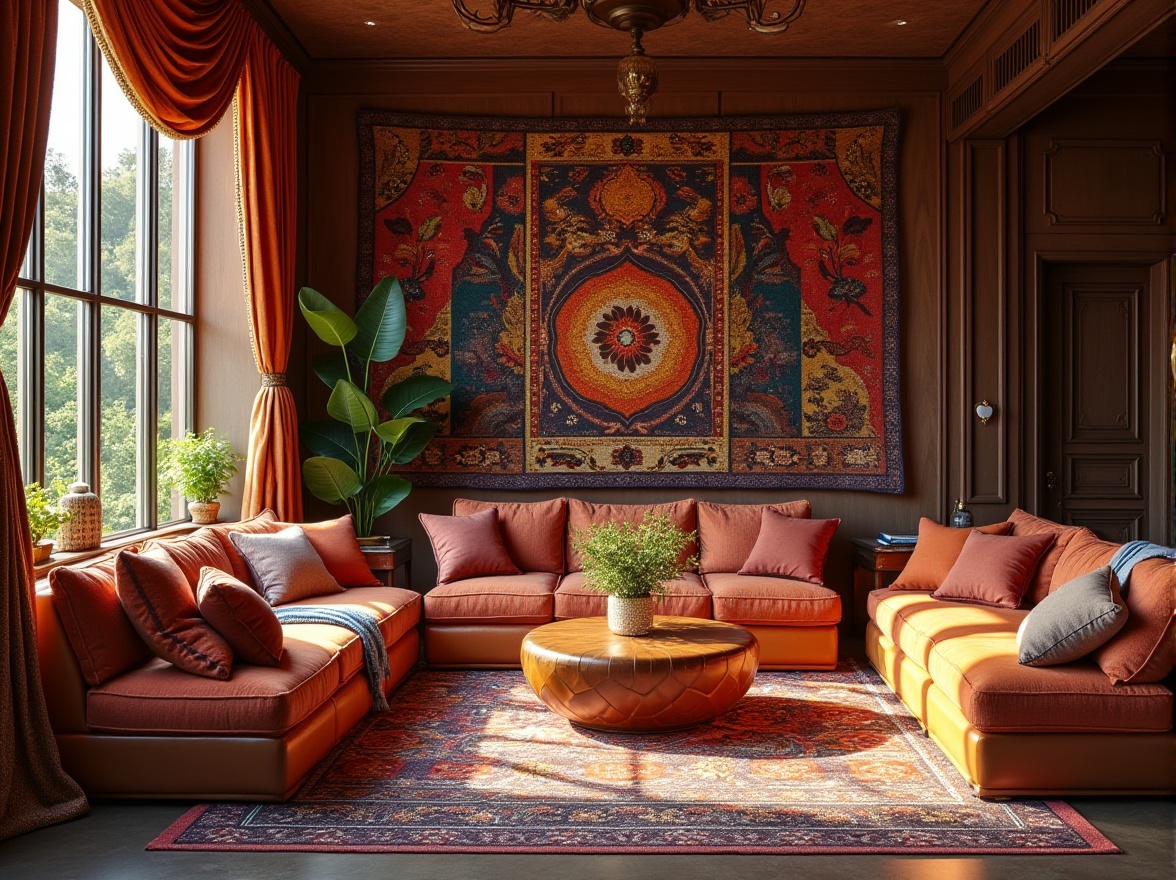 Prompt: Vibrant woven fabrics, patterned upholstery, rich velvet drapes, intricate embroidery details, textured rug patterns, soft cushions, elegant silk curtains, metallic thread accents, geometric shape motifs, colorful tapestries, ornate tassel trims, luxurious leather furniture, natural fiber textiles, sustainable material options, tactile sensory experiences, cozy ambient lighting, inviting atmosphere, 3/4 composition, shallow depth of field, realistic textures, ambient occlusion.