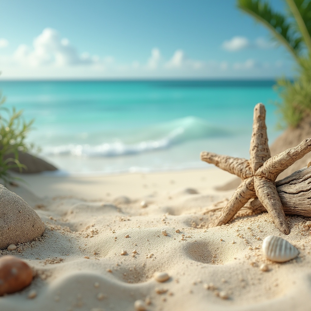 Prompt: Warm sandy beaches, driftwood accents, ocean-inspired hues, calming blue tones, soft seafoam green, weathered wood textures, nautical rope details, coral reef patterns, seashell motifs, sunny day lighting, shallow depth of field, 1/1 composition, panoramic view, realistic textures, ambient occlusion.