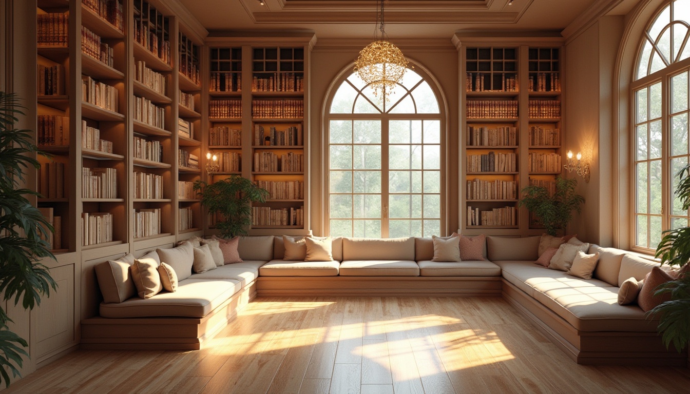 Prompt: Cozy library atmosphere, abundant natural light, floor-to-ceiling windows, warm wooden shelves, comfortable reading nooks, soft cushions, gentle color palette, calm ambiance, quiet study areas, elegant chandeliers, modern minimalist design, subtle texture contrasts, ambient lighting, shallow depth of field, 1/2 composition, realistic renderings, subtle shadows, natural materials, earthy tones, serene environment.