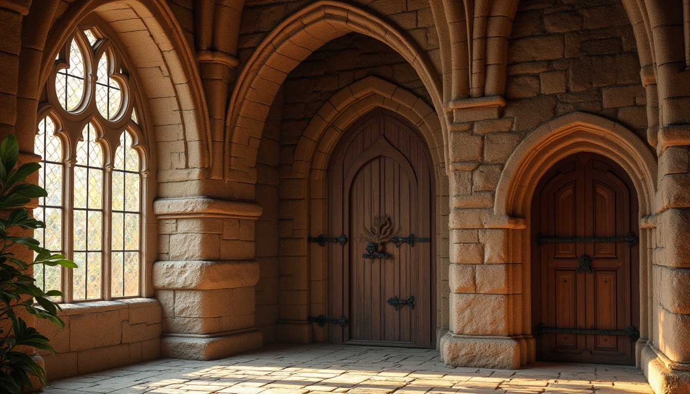 Prompt: Rustic stone walls, ornate carvings, grand archways, ribbed vaults, rounded columns, intricate capitals, Gothic-inspired windows, stained glass, heavy wooden doors, wrought iron hinges, ornamental door handles, richly textured stonework, earthy color palette, warm golden lighting, dramatic shadows, high contrast ratio, 1/2 composition, symmetrical framing, realistic weathering effects.