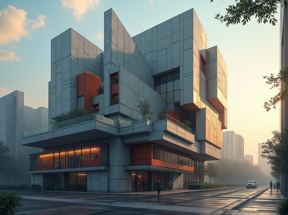 Prompt: Geometric constructivist building, dynamic angular forms, industrial materials, exposed concrete, metallic beams, bold color accents, abstract patterns, futuristic urban landscape, cityscape, morning sunlight, dramatic shadows, high-contrast lighting, 1/2 composition, symmetrical framing, crisp textures, ambient occlusion, atmospheric mist.