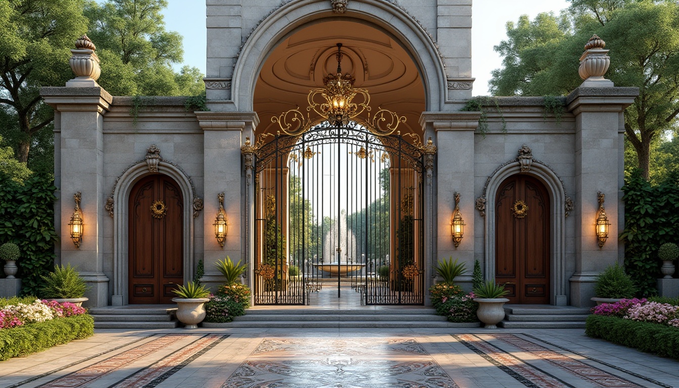 Prompt: Grand entrance archway, ornate metal gates, majestic stone columns, elegant fountain, lush greenery, vibrant flowers, symmetrical walkways, intricate mosaics, imposing doorways, oversized wooden doors, ornamental hardware, bronze accents, modern LED lighting, shallow depth of field, 3/4 composition, panoramic view, realistic textures, ambient occlusion.