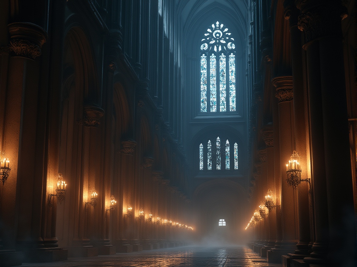 Prompt: Cathedral-like architecture, grandiose vaulted ceilings, dramatic stained glass windows, mystical lanterns, flickering candles, eerie shadows, warm golden lighting, mysterious fog effects, atmospheric mist, dimly lit corridors, ornate chandeliers, intricate stone carvings, imposing pillars, dark mysterious alleys, moonlit night skies, cinematic composition, low-key lighting, subtle color grading, 3D rendering with normal maps.