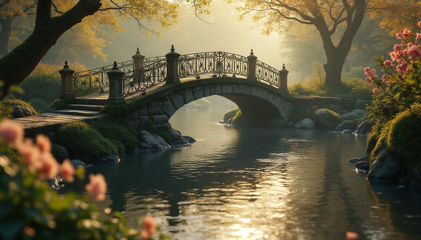 Prompt: Rustic stone bridges, ornate iron railings, delicate filigree patterns, soft moss coverings, weathered wooden planks, gentle water flows, lush greenery surroundings, vibrant blooming flowers, misty morning atmosphere, warm golden lighting, shallow depth of field, 3/4 composition, picturesque views, realistic textures, ambient occlusion.