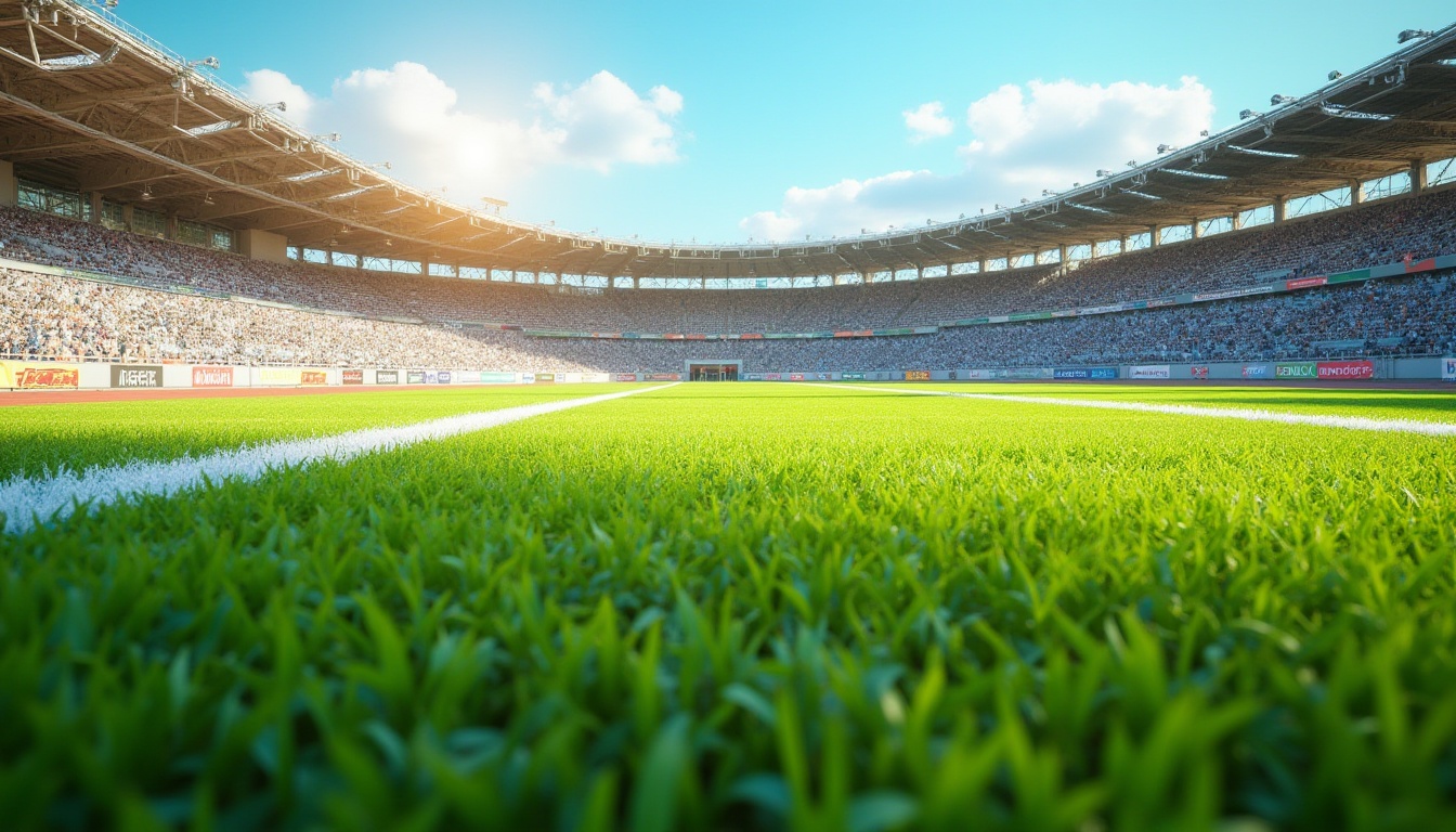 Prompt: Vibrant green grass, bold white lines, bright blue skies, warm sunlight, natural earthy tones, weathered wood benches, sturdy metal fencing, athletic track surfaces, colorful sponsor logos, dynamic typography, energetic crowd atmosphere, shallow depth of field, 3/4 composition, panoramic view, realistic textures, ambient occlusion.