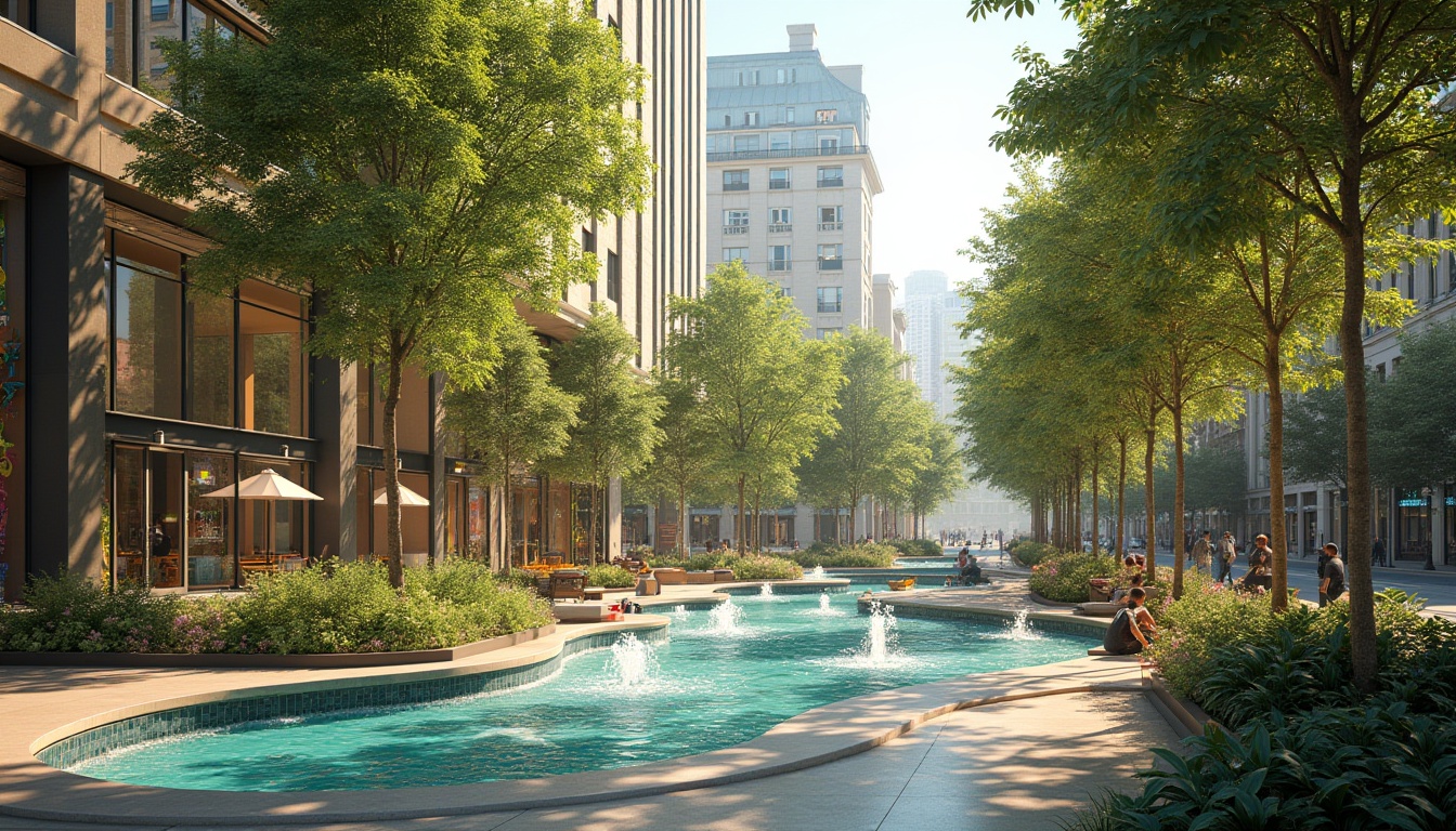 Prompt: Vibrant city plaza, lush greenery, dynamic water features, modern street furniture, pedestrian-friendly pathways, interactive public art, colorful murals, eclectic urban landscaping, bustling atmosphere, warm sunny day, soft ambient lighting, shallow depth of field, 1/1 composition, realistic textures, ambient occlusion.