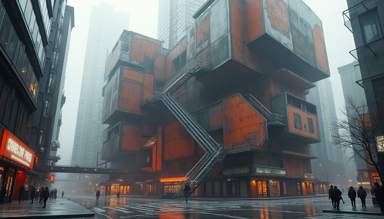 Prompt: Geometric building forms, fragmented structures, overlapping volumes, abstract shapes, industrial materials, exposed ductwork, metallic beams, reinforced concrete, urban cityscape, busy streets, modern skyscrapers, bold color schemes, dynamic lighting effects, high-contrast shadows, 2.5D composition, cinematic camera angles, atmospheric fog, dramatic clouds, futuristic atmosphere, avant-garde art installations, abstract sculptures, brutalist textures, distressed finishes.Please let me know if this meets your requirements!