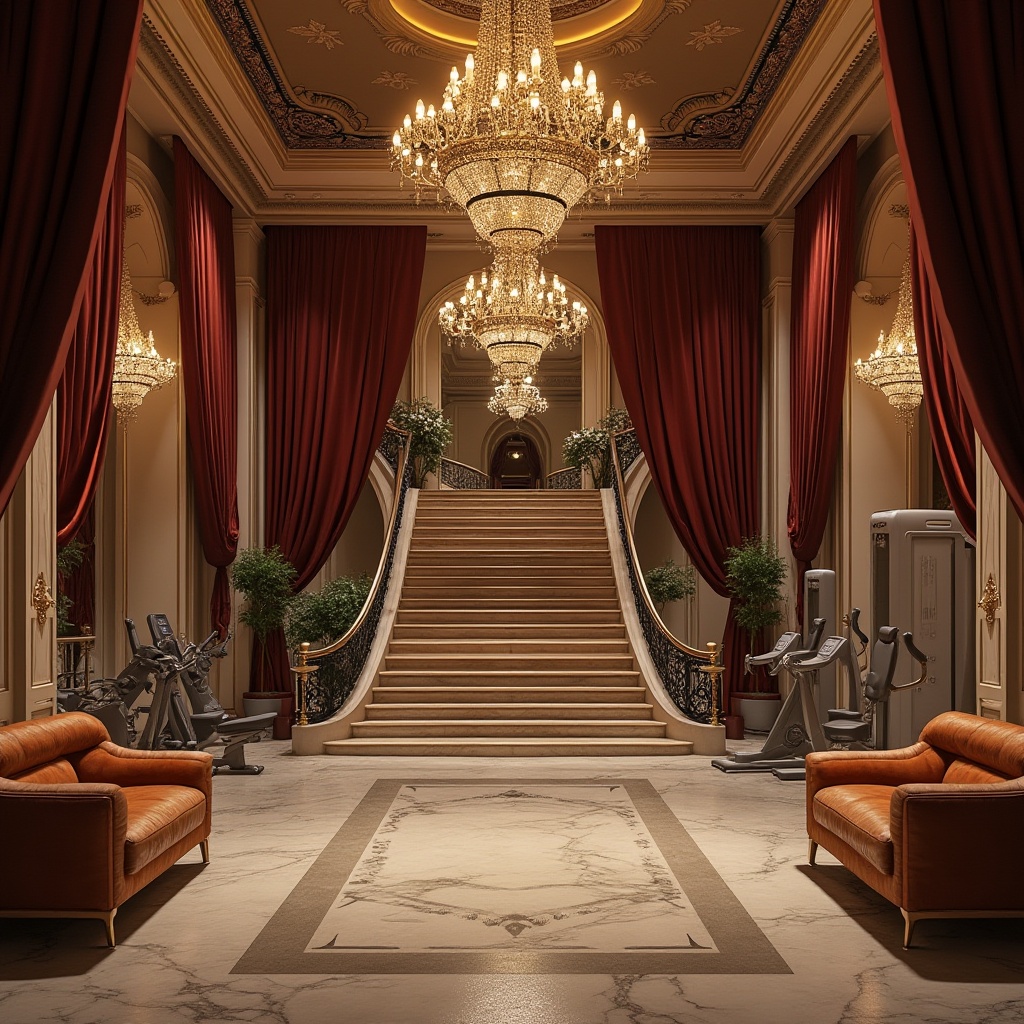 Prompt: Luxurious fitness club, ornate chandeliers, marble floors, grand staircases, opulent furnishings, velvet drapes, lavish locker rooms, spa-inspired amenities, high-end equipment, sleek metal accents, dramatic lighting, warm color palette, rich textures, intricate moldings, stately columns, majestic archways, regal atmosphere, 3/4 composition, shallow depth of field, soft warm lighting, realistic reflections.