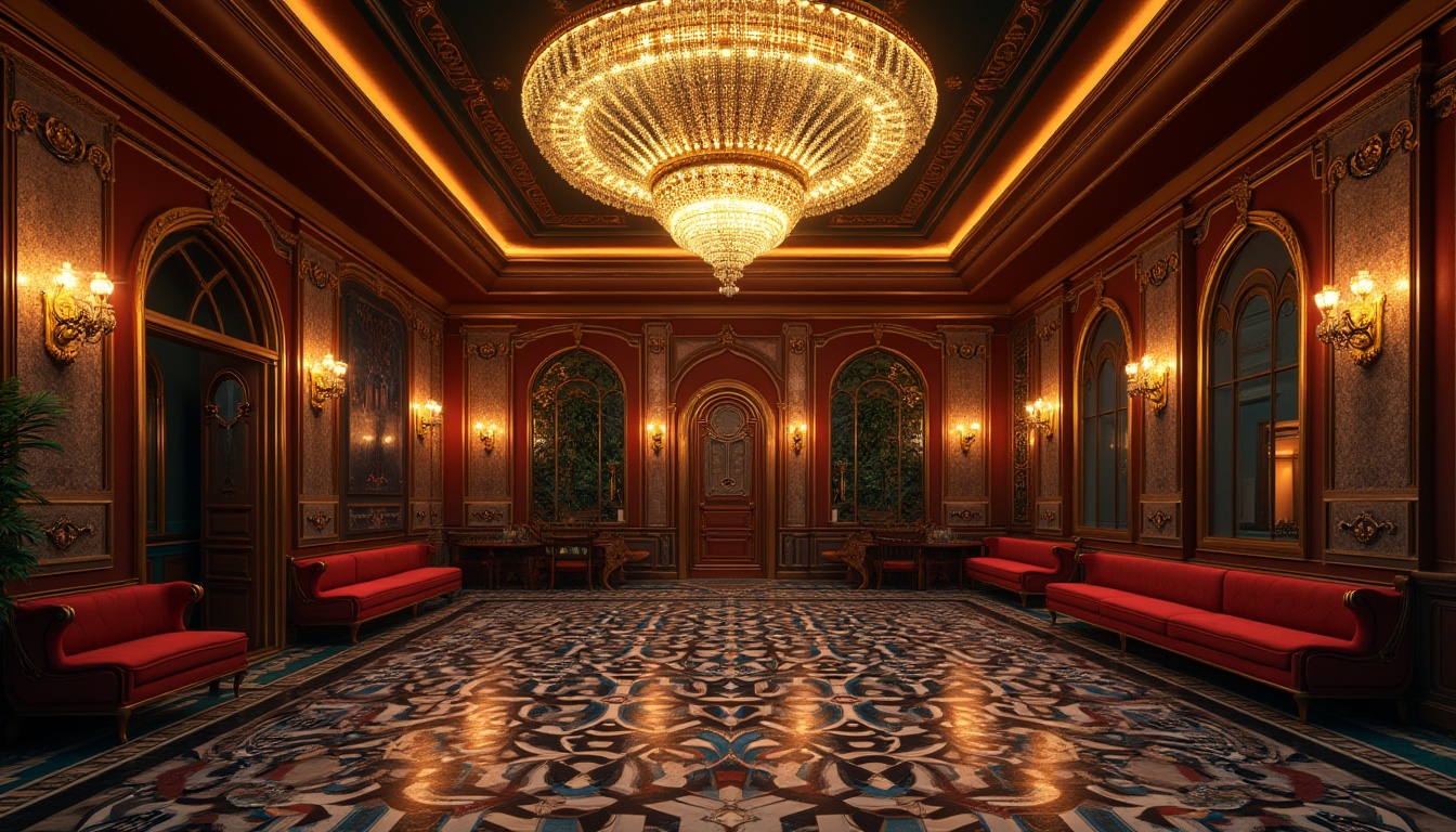 Prompt: Opulent Art Deco style, luxurious metallic accents, ornate geometrical patterns, vibrant jewel-toned colors, rich velvety textures, gilded moldings, sophisticated marble surfaces, lavish crystal chandeliers, glamorous 1920s flair, bold black outlines, striking contrasts, warm golden lighting, shallow depth of field, 1/2 composition, cinematic view, highly detailed ornaments, intricate filigree motifs.