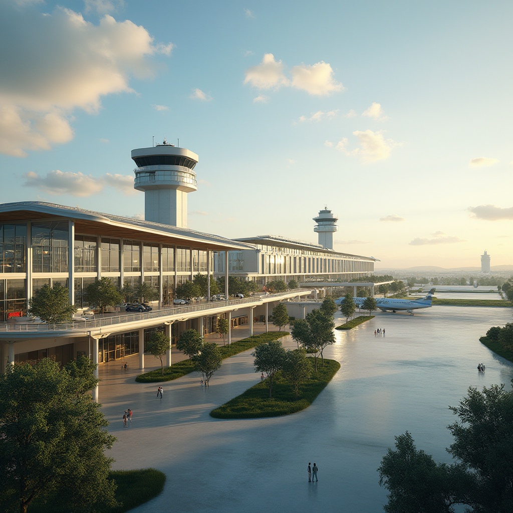 Prompt: Eco-friendly airport terminal, large glass facades, natural ventilation systems, solar panels, wind turbines, green roofs, living walls, rainwater harvesting systems, recycled materials, minimalist design, angular lines, modern sleek architecture, efficient air traffic control towers, vibrant LED lighting, shallow depth of field, 3/4 composition, panoramic view, realistic textures, ambient occlusion, bustling airport atmosphere, morning sunlight, soft warm glow.