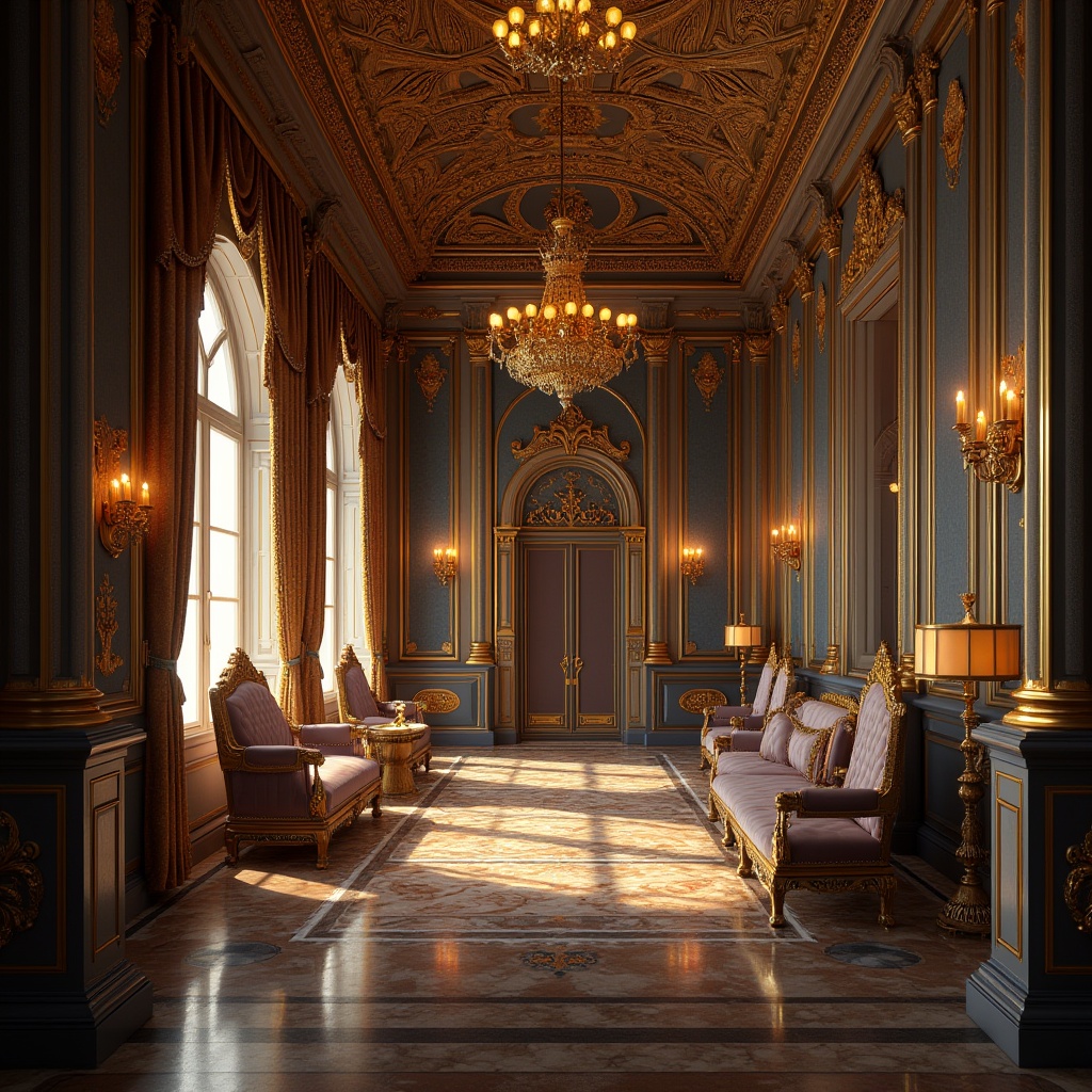 Prompt: Intricate mosaics, golden accents, ornate columns, lavish furnishings, rich tapestries, grand chandeliers, marble floors, polished wood paneling, regal thrones, velvet drapes, opulent textures, dramatic lighting, mysterious ambiance, 1/1 composition, shallow depth of field, warm color palette, high-contrast shadows, luxurious atmosphere.