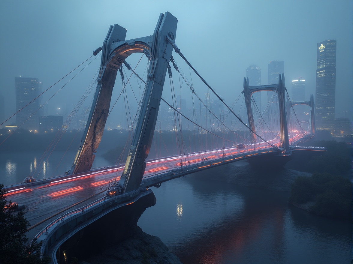 Prompt: Sleek high-tech bridge, futuristic design, steel arches, suspension cables, cantilevered sections, asymmetrical shapes, angular lines, metallic surfaces, reflective coatings, LED lighting strips, neon accents, urban cityscape, misty evening atmosphere, shallow depth of field, 1/1 composition, dramatic spotlighting, realistic reflections, ambient occlusion.