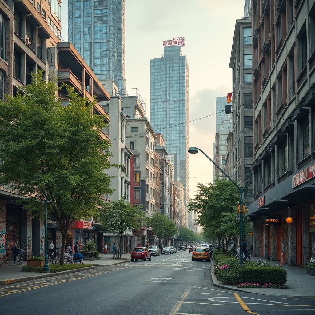 Prompt: Urban cityscape, concrete skyscrapers, modern architecture, steel beams, glass facades, vibrant street art, graffiti walls, bustling streets, pedestrians, vehicles, urban greenery, leafy trees, shrubs, flowers, benches, bike lanes, road markings, traffic lights, cloudy skies, soft warm lighting, shallow depth of field, 3/4 composition, panoramic view, realistic textures, ambient occlusion.