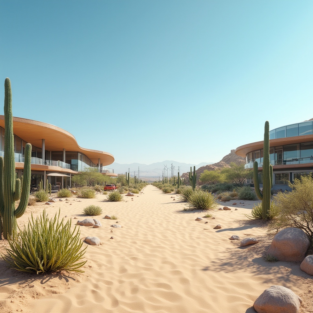 Prompt: Desert oasis, sandy dunes, cacti plants, hot sunny day, clear blue sky, vast open space, modern scientific architecture, curved metal buildings, reflective glass surfaces, minimalist design, sustainable energy solutions, solar panels, wind turbines, water conservation systems, green roofs, eco-friendly materials, innovative cooling technologies, shaded outdoor spaces, misting systems, xeriscaping, succulent gardens, rock formations, desert wildflowers, educational signage, interactive exhibits, panoramic views, realistic textures, ambient occlusion.