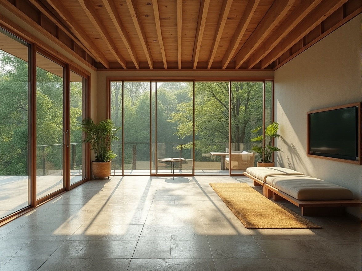 Prompt: Minimalist residence, floor-to-ceiling windows, sliding glass doors, open-plan living area, natural stone flooring, wooden accents, greenery views, abundant natural light, soft warm ambiance, shallow depth of field, 1/2 composition, panoramic view, realistic textures, ambient occlusion.