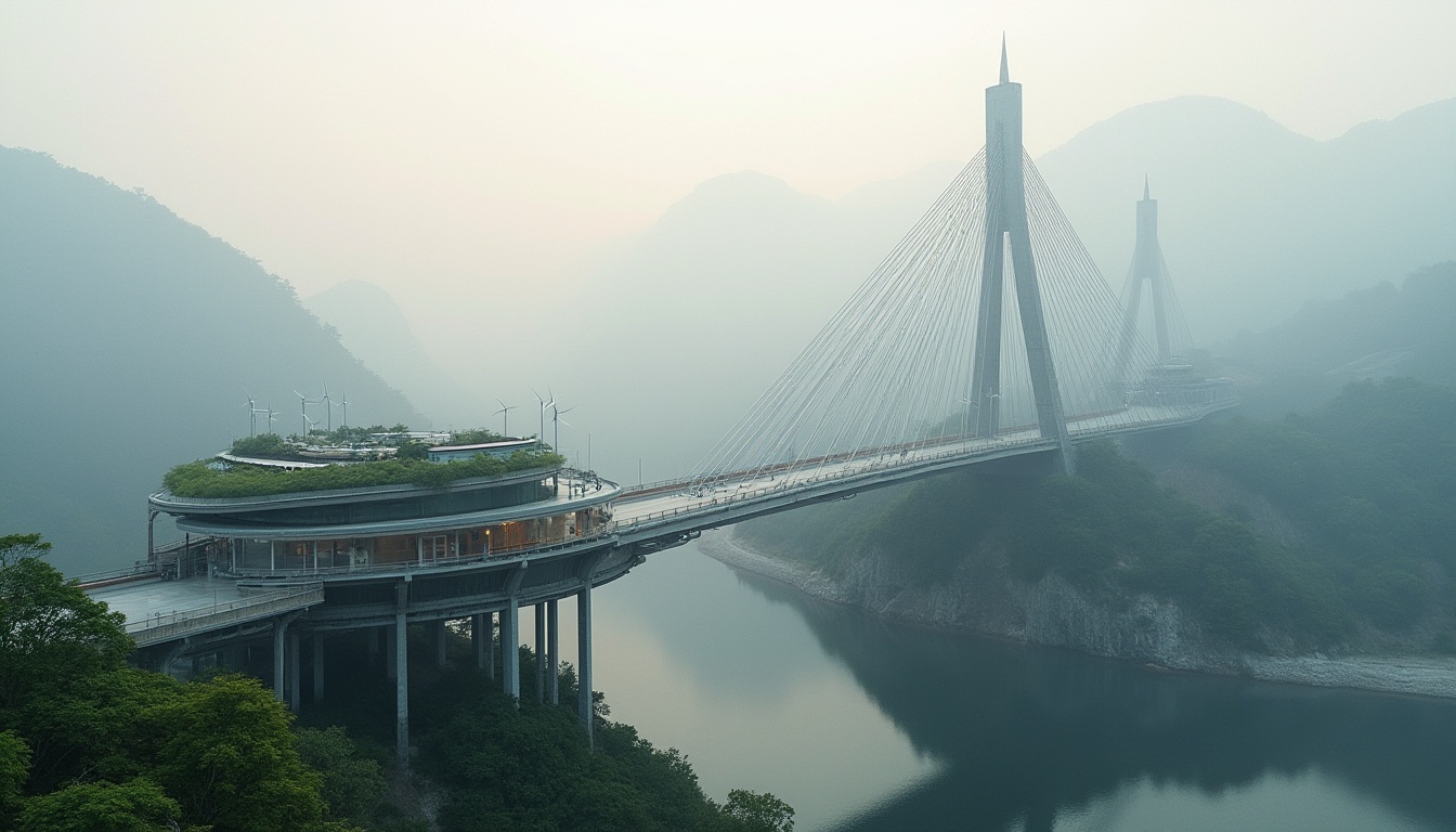 Prompt: Eco-friendly bridge architecture, curved lines, green roofs, solar panels, wind turbines, water conservation systems, recycled materials, minimalist design, natural stone foundations, steel structures, cable-stayed suspension, modern LED lighting, foggy morning atmosphere, soft misty lighting, shallow depth of field, 2/3 composition, panoramic view, realistic textures, ambient occlusion.