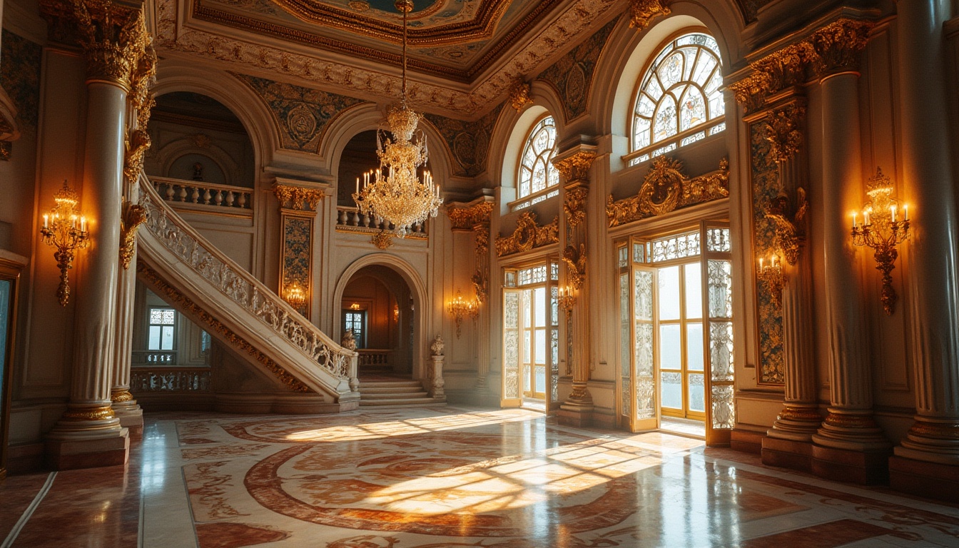 Prompt: Intricate ornate facades, grandiose entranceways, lavish balconies, delicate filigree patterns, ornamental metalwork, gilded accents, polished marble columns, sophisticated moldings, opulent chandeliers, stained glass windows, vibrant tile mosaics, Baroque-inspired carvings, Rococo-style furnishings, luxurious velvety textures, warm golden lighting, shallow depth of field, 1/2 composition, cinematic view, realistic reflections, ambient occlusion.