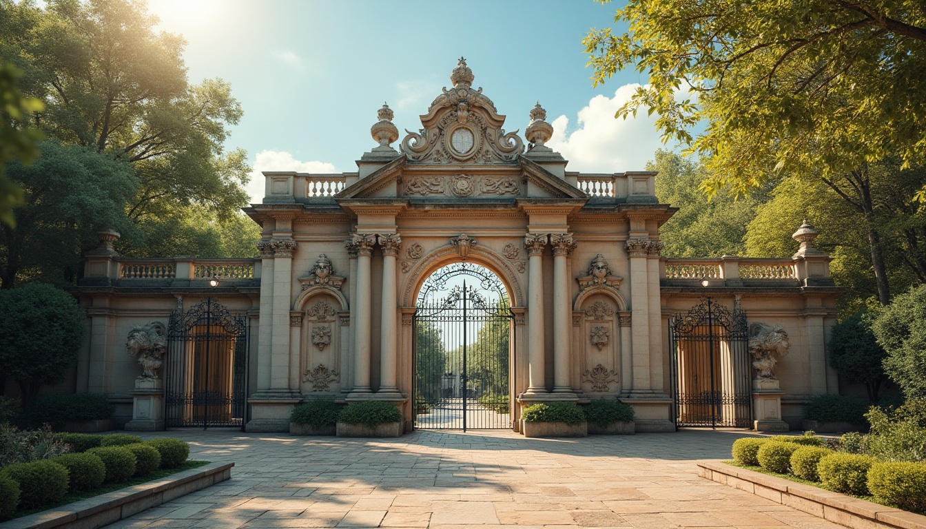 Prompt: Majestic zoo entrance, neoclassical facade, grandiose columns, ornate arches, intricate carvings, rustic stone walls, vintage metal gates, lush greenery, exotic trees, sunny day, warm soft lighting, shallow depth of field, 3/4 composition, panoramic view, realistic textures, ambient occlusion.