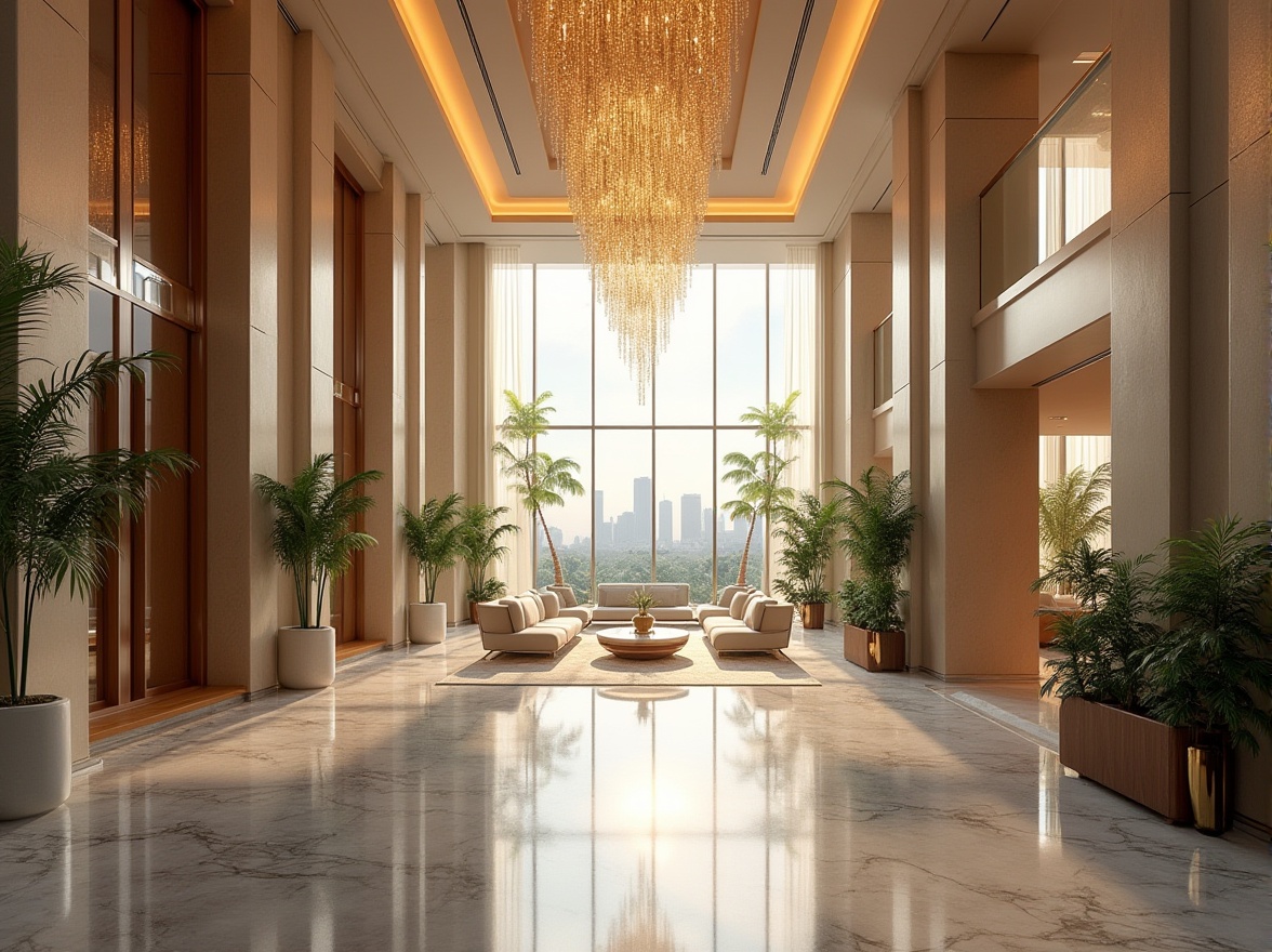 Prompt: Luxurious hotel lobby, grand chandelier, marble floors, sleek modern furniture, floor-to-ceiling windows, transparent glass elevators, minimalist interior design, natural light pouring in, airy atmosphere, open-plan spaces, green roofs, lush rooftop gardens, city skyline views, warm golden lighting, shallow depth of field, 1/1 composition, panoramic view, realistic textures, ambient occlusion.