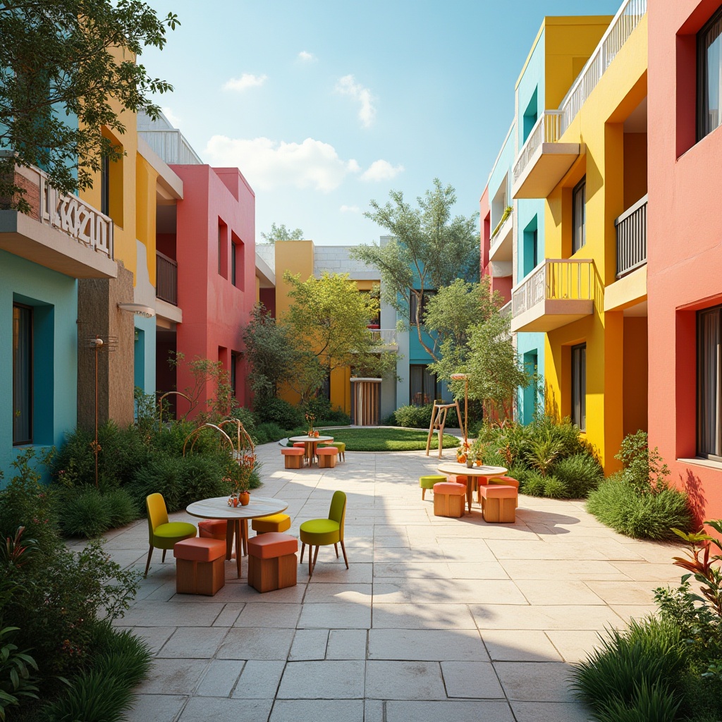 Prompt: Vibrant social housing complex, modern architecture, bright color scheme, bold geometric patterns, communal gardens, lush greenery, playground equipment, interactive public art, eclectic furniture, natural materials, wooden accents, pops of coral pink, sunny yellow, sky blue, lime green, energetic lighting, shallow depth of field, 1/1 composition, wide-angle lens, realistic textures, ambient occlusion.