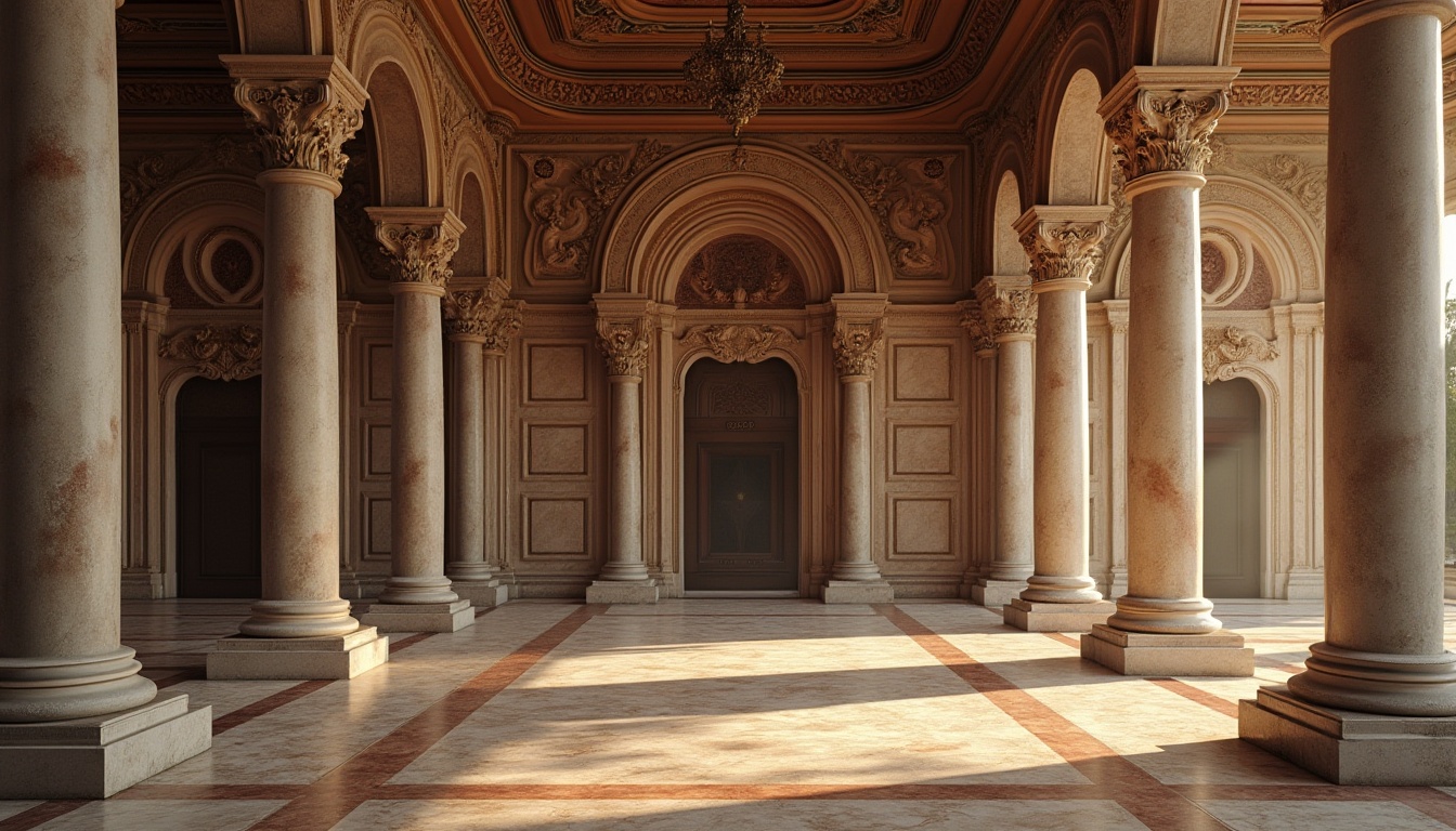 Prompt: Weathered stone columns, ornate marble facades, rich velvet drapes, intricately carved wooden paneling, gilded bronze accents, luxurious silk fabrics, subtle rustication, soft warm lighting, shallow depth of field, 1/1 composition, realistic textures, ambient occlusion.