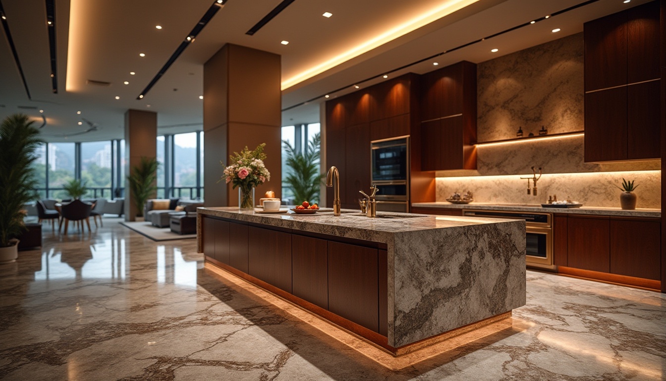 Prompt: Luxurious interior space, polished granite countertops, elegant kitchen island, high-gloss cabinets, sophisticated flooring patterns, rich dark wood accents, ambient warm lighting, shallow depth of field, 1/1 composition, realistic textures, subtle material reflections.