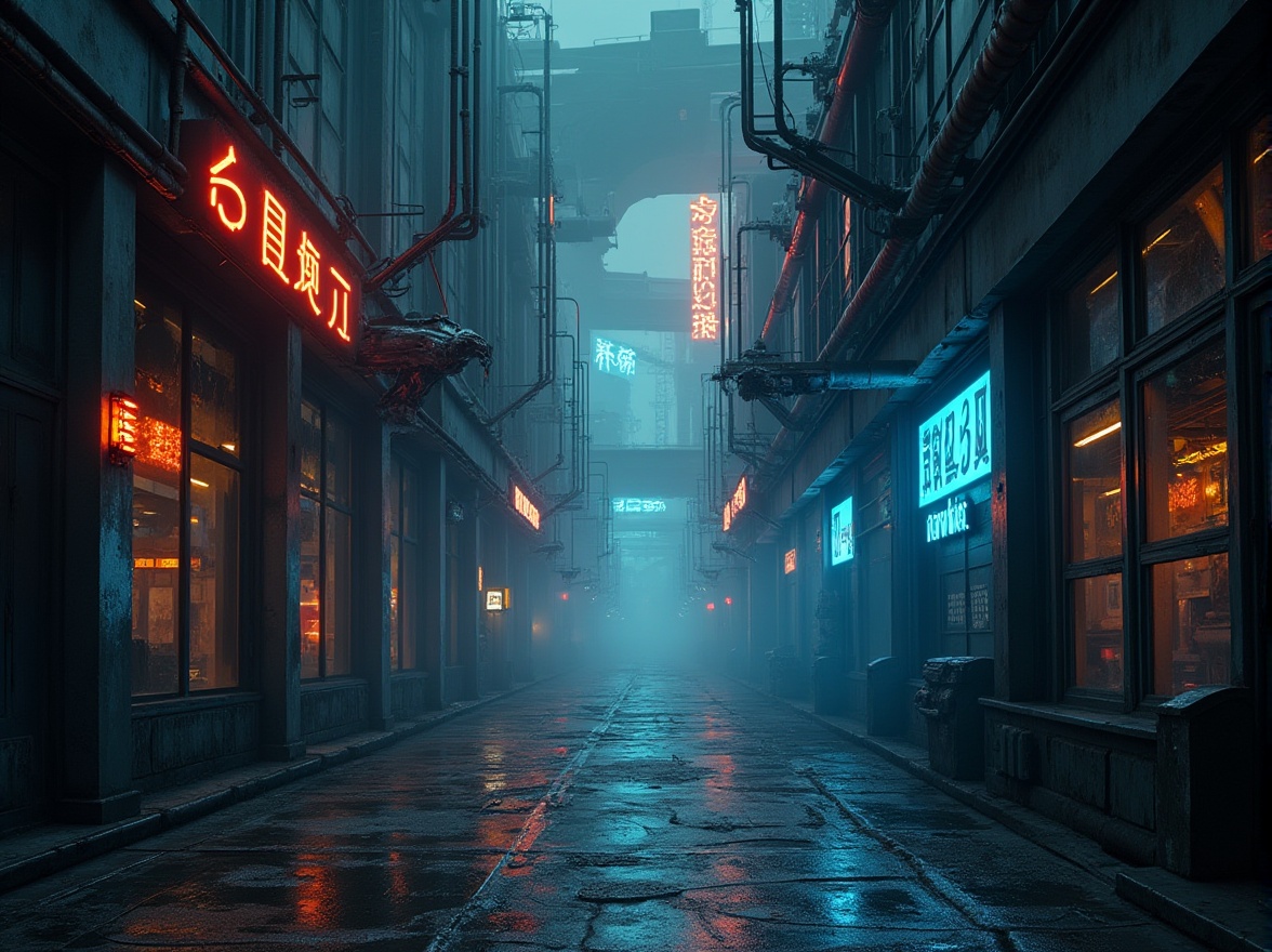 Prompt: Industrial metallic buildings, neon-lit cityscape, futuristic machinery, robotic arms, LED lights, holographic displays, cyberpunk atmosphere, dark alleys, abandoned factories, rusted steel beams, concrete floors, exposed pipes, moody lighting, misty ambiance, atmospheric fog, 3/4 composition, cinematic view, realistic reflections, ambient occlusion, metallic sheen, neon glow, vibrant electric blue, deep crimson red, burnt orange, weathered silver, dusty copper.