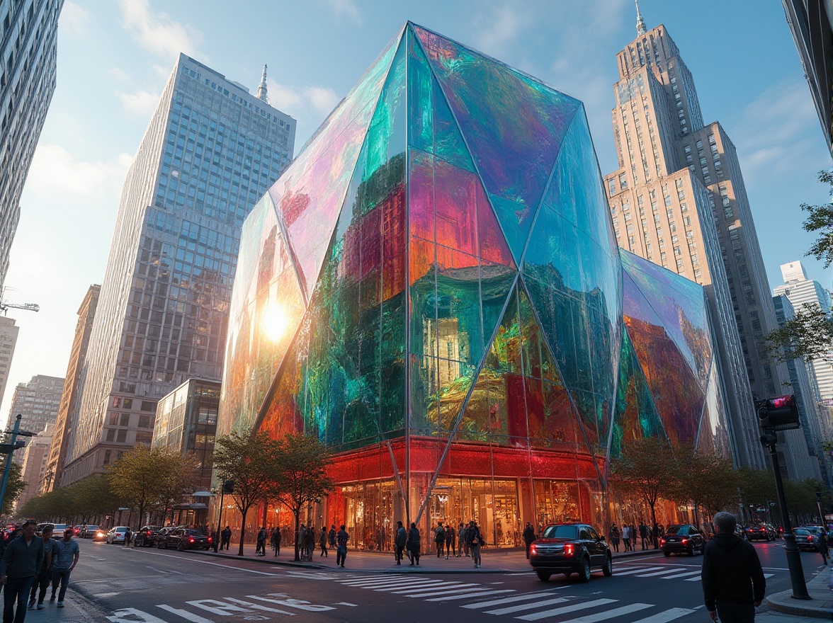 Prompt: Vibrant colored glass facades, iridescent reflections, angular building shapes, modern architectural design, urban cityscape, bustling streets, pedestrian traffic, natural daylight, soft warm illumination, 1/1 composition, shallow depth of field, realistic textures, ambient occlusion.