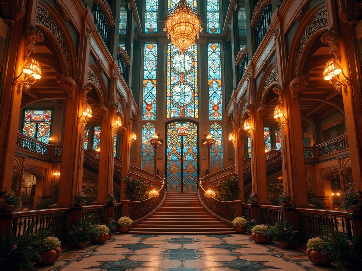 Prompt: Opulent art deco building, intricate stained glass windows, vivid colors, geometric patterns, ornate metal frames, luxurious materials, lavish decorations, grand staircases, high ceilings, ornamental railings, lavish chandeliers, warm soft lighting, shallow depth of field, 3/4 composition, panoramic view, realistic textures, ambient occlusion.