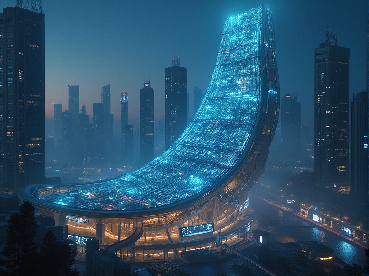 Prompt: Curved futuristic skyscraper, iridescent glass fa\u00e7ade, parametric design, interconnected modules, cantilevered walkways, neon-lit nighttime scene, cityscape background, sleek metallic accents, holographic advertisements, atmospheric mist, high-contrast lighting, cinematic composition, dramatic depth of field, 2.35