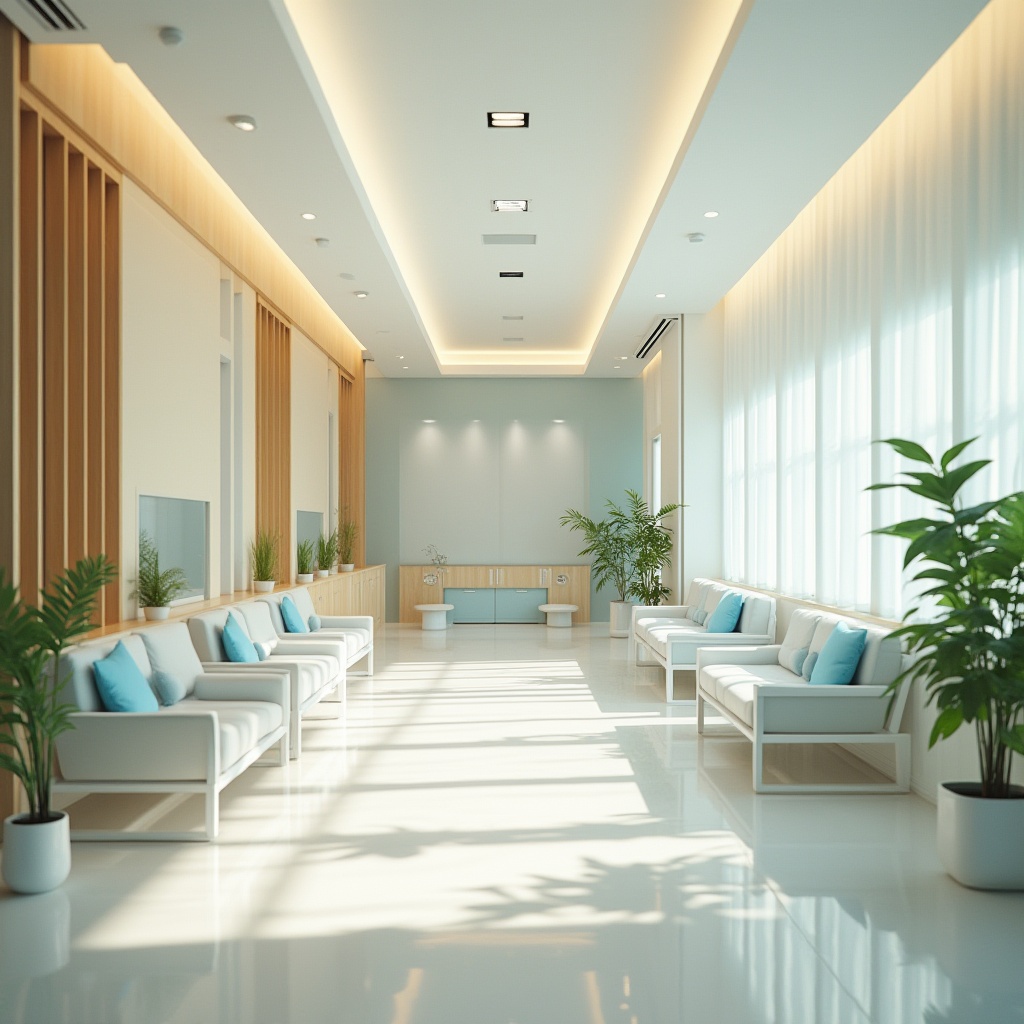 Prompt: Calming healthcare facility, soothing pastel colors, creamy whites, warm beige tones, natural wood accents, gentle blue hues, vibrant greenery, serene waiting areas, comfortable seating, soft diffused lighting, minimal ornamentation, clean lines, modern medical equipment, stainless steel surfaces, hygienic environments, peaceful ambiance, shallow depth of field, 1/1 composition, realistic textures.