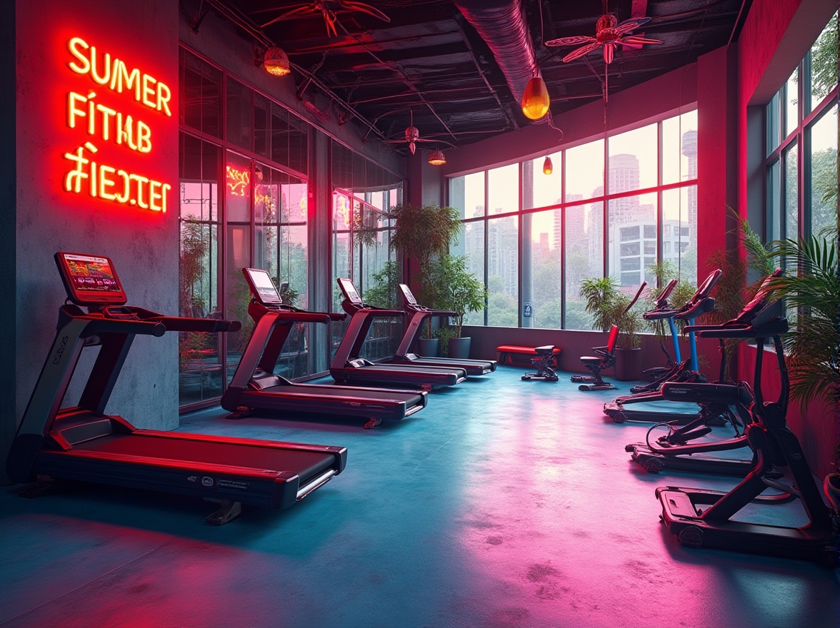 Prompt: Vibrant fitness club, bold color scheme, energetic atmosphere, neon lights, motivational quotes, modern equipment, sleek metal frames, rubber flooring, mirrored walls, natural wood accents, calming greenery, refreshing water features, high ceilings, expansive windows, urban cityscape, morning sunlight, soft warm glow, shallow depth of field, 3/4 composition, panoramic view, realistic textures, ambient occlusion.